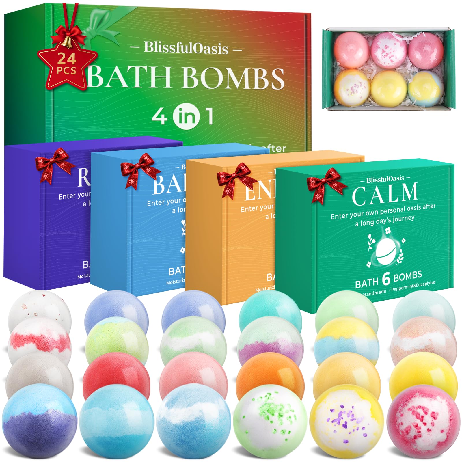 BlissfulOasis Bath Bombs Set, 24 Pcs Shower Bombs with 6 Refreshing Scents, Perfect for Moisturizing & Relaxing, Ideal for Birthday, Mother's Day, Valentine's Day Present Giving, Presents for Women
