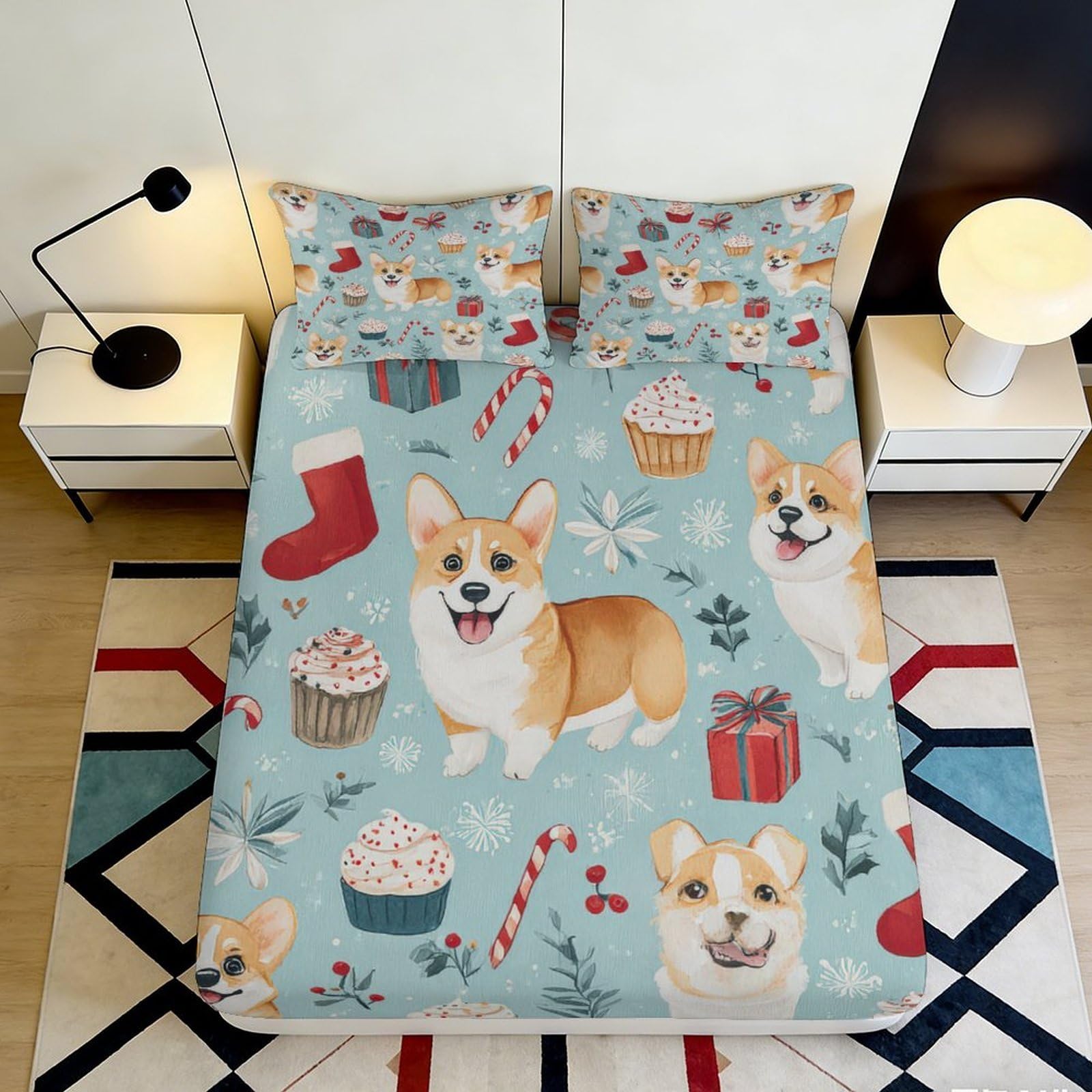 3D Printed Corgi Dog Fitted Sheet Microfiber Non-Slip Bed Cover for Bedroom Guest Room Easy Care 200x200x25cm
