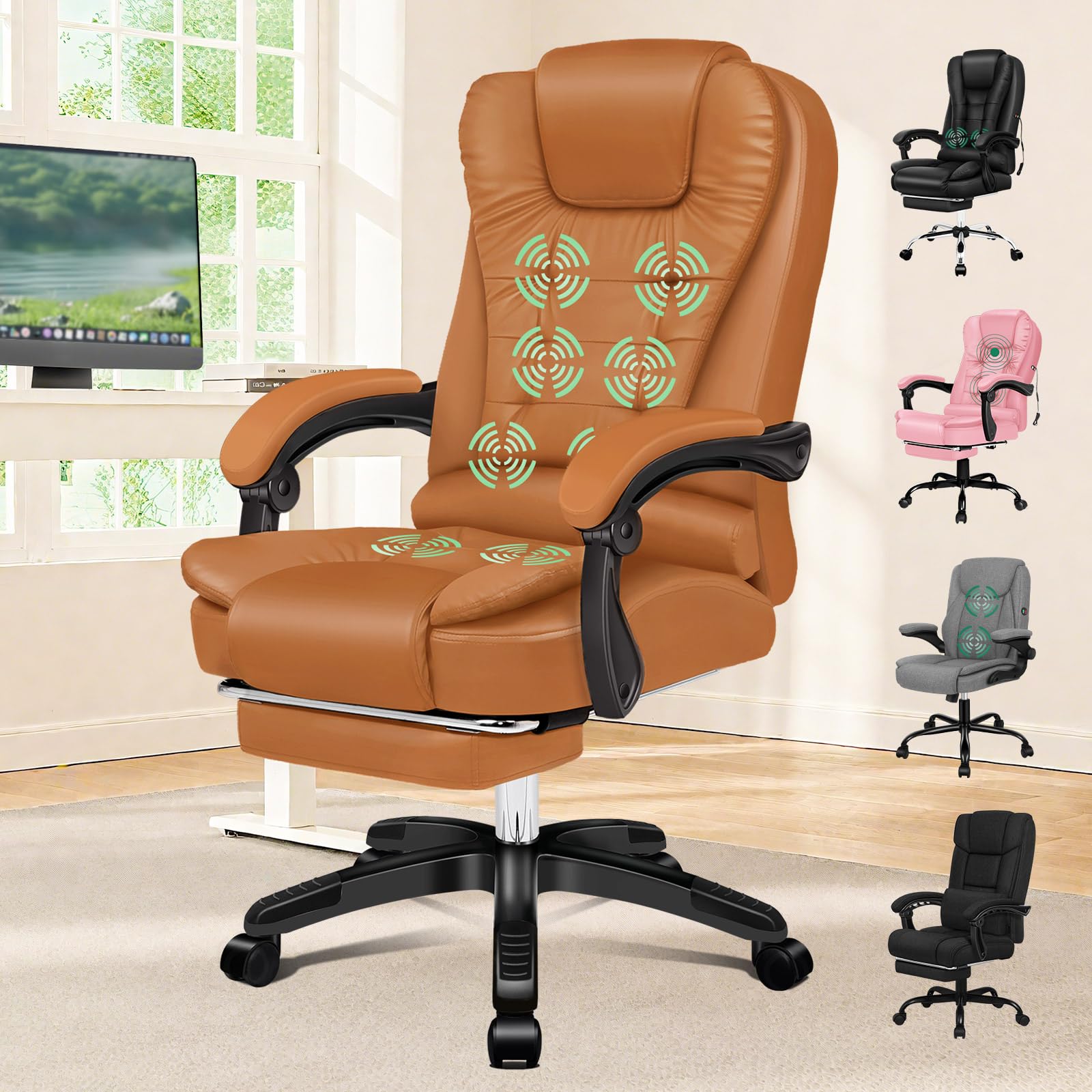 ELFORDSON Executive Office Chair with 8-point Massage Seat Heated, PC Desk Gaming Chair with Armrests Footrest High Back 150° Recliner Tilt Padded Swivel PU Leather, Brown