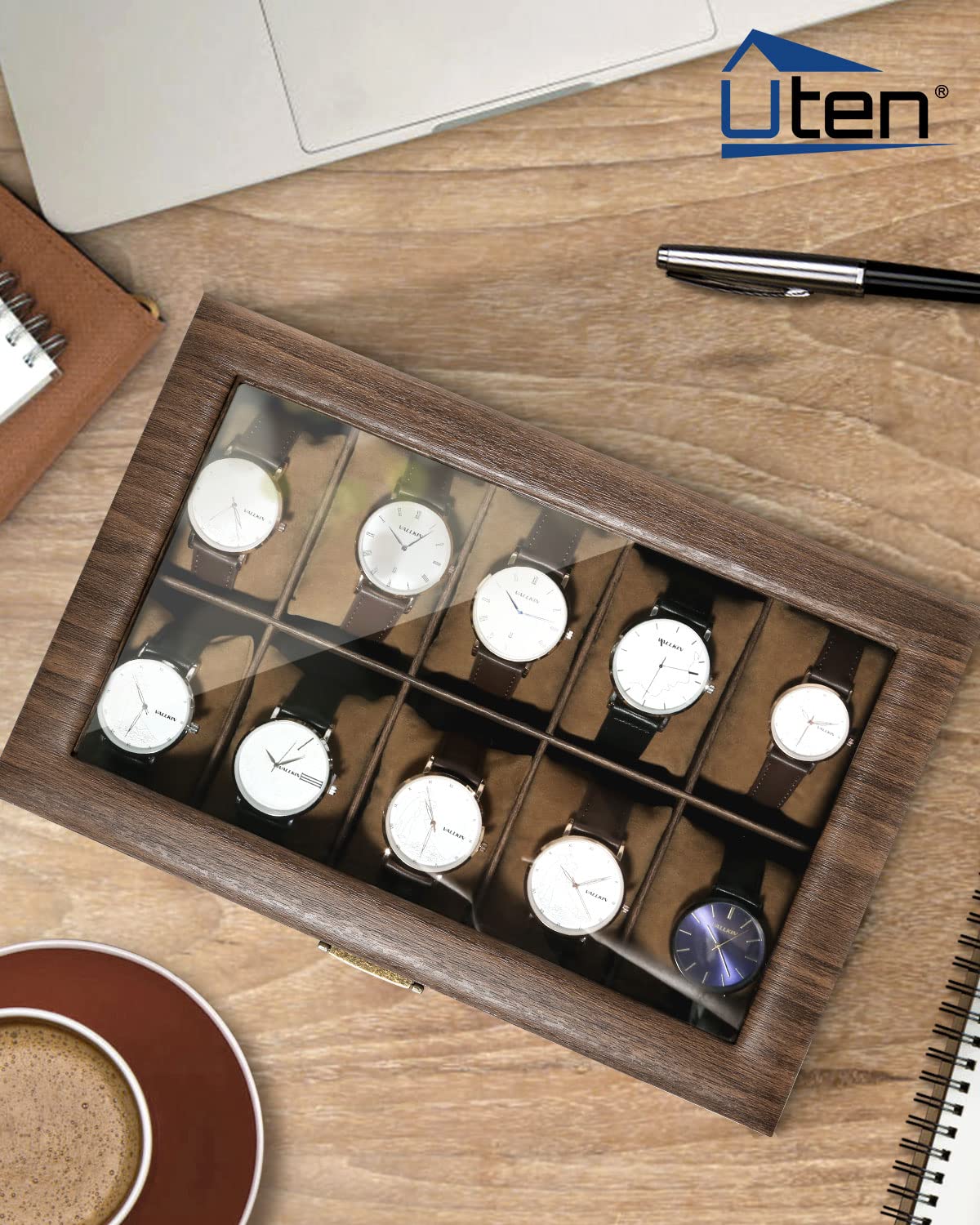 Horloge doos voor 2 horloges, klassieke houten horlogekast, horlogedoos met glazen deksel, afneembaar horlogekussen, horlogekast, horlogeopslag, voor mannen