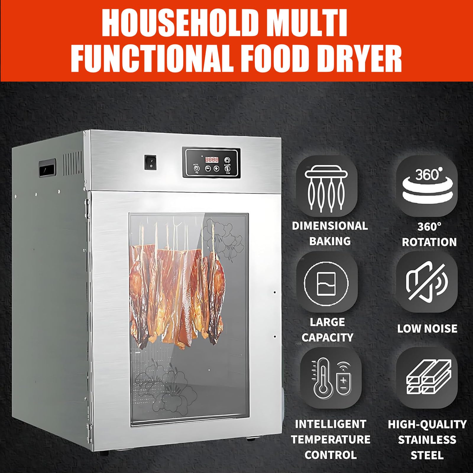 Elektrischer Trockenschrank Für Fleisch Edelstahl Mit LED Anzeige,Dry Aged Reifeschrank Mit 14 Haken,Temperaturregelung 30-90℃ Und 24 Stunden Timer Für Trockenfleisch,Wurst 7.5kg