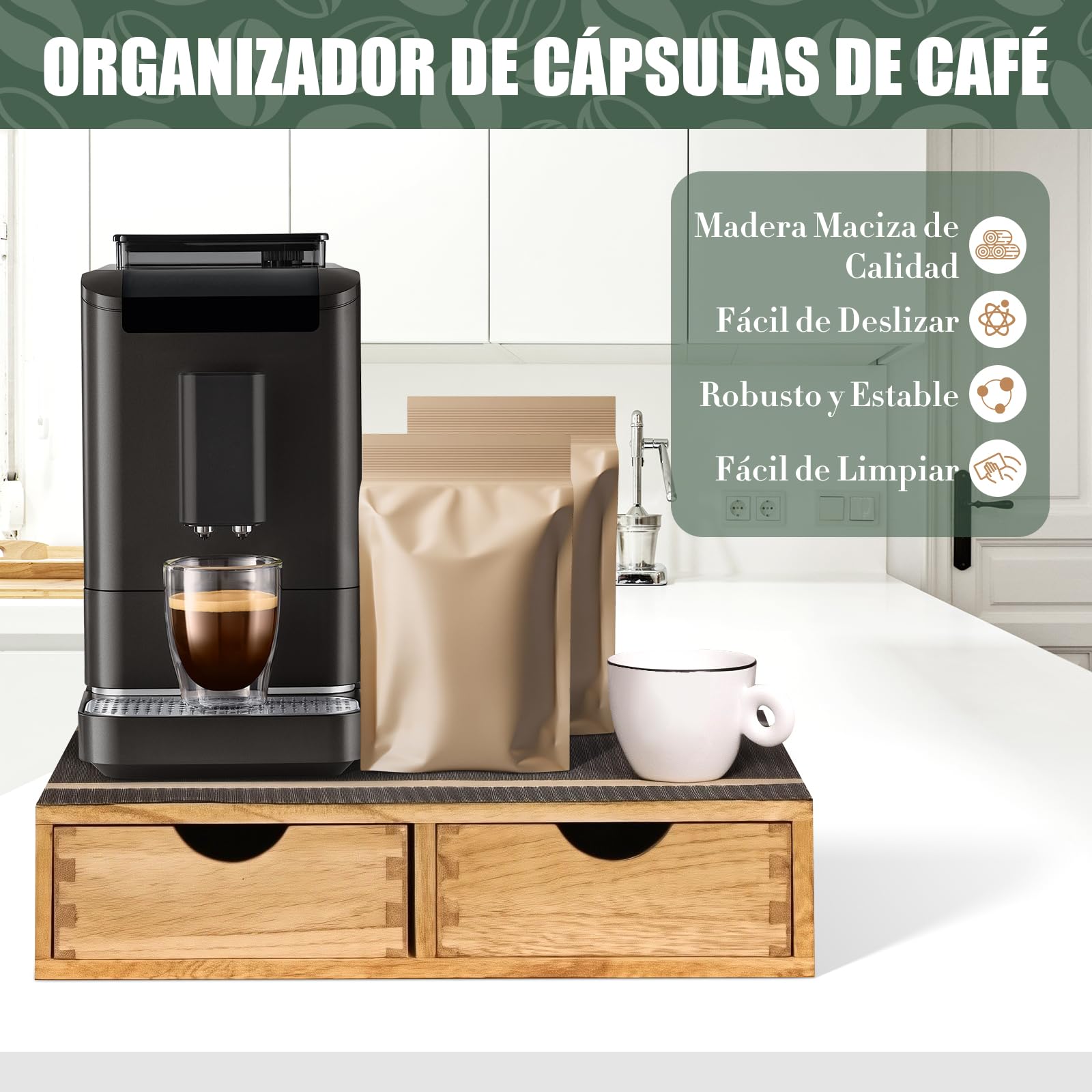 Organizador de Almacenamiento de té con cajón, cajón de Madera para Almacenamiento de cápsulas de café, Organizador de cajones de cápsulas