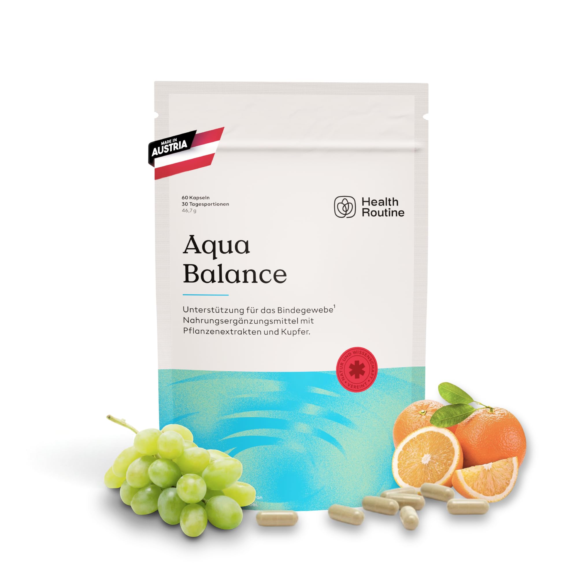 Health Routine Aqua Balance - 60 Kapseln 30 Portionen - Nahrungsergänzungsmittel mit OPC Traubenkernextrakt Hochdosiert, Diosmin, Kupfer und Brennnessel zur Unterstützung von Bindegewebe und Venen