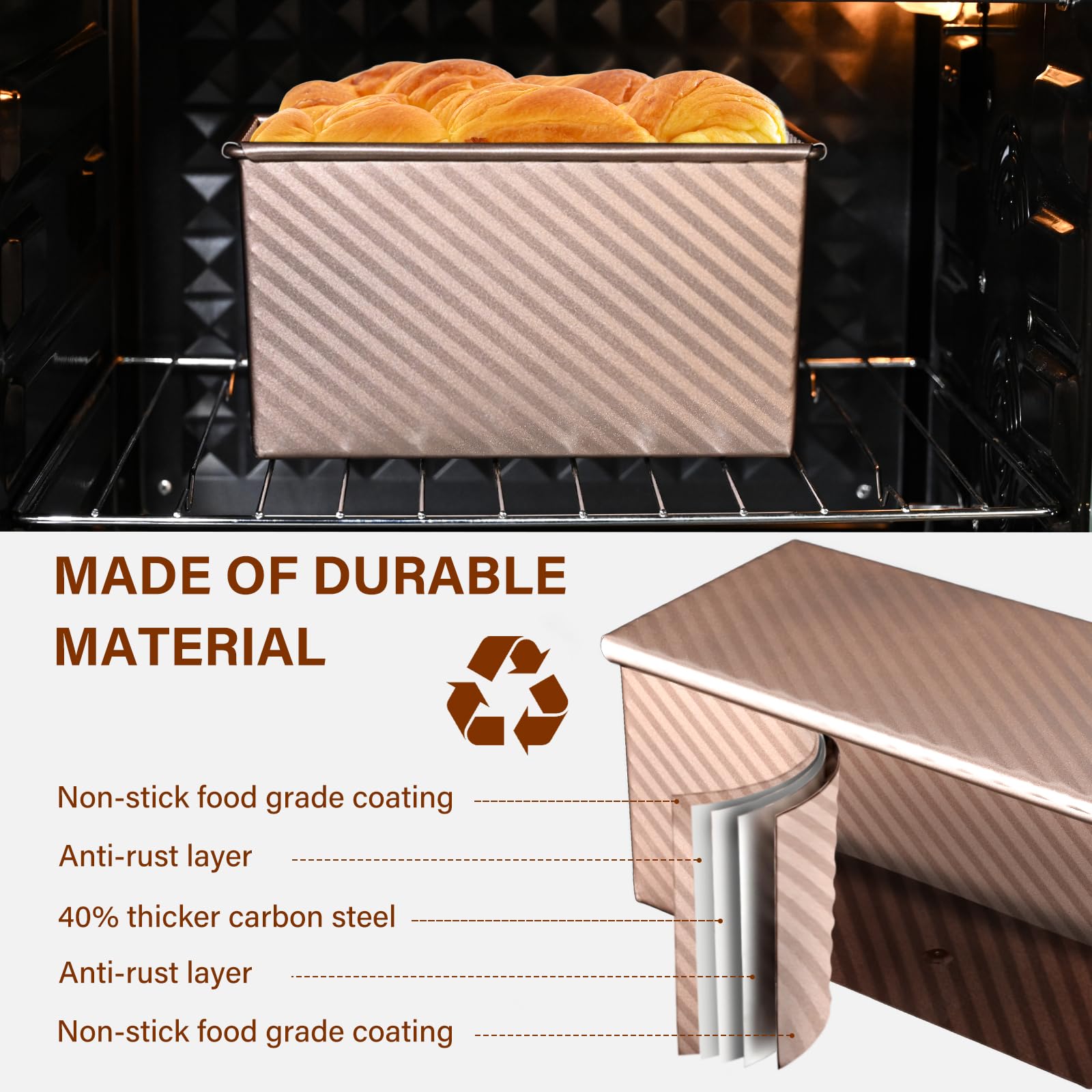 2 Pack Pullman Loaf Pan with Lid, 1 lb/0.5 lb Dough Capacity for Homemade Bread, Non-stick Corrugated Carbon Steel Bread Toast Box with Cover for Bakeware, Sandwich & Toast Oven Baking, Gold - Image 3