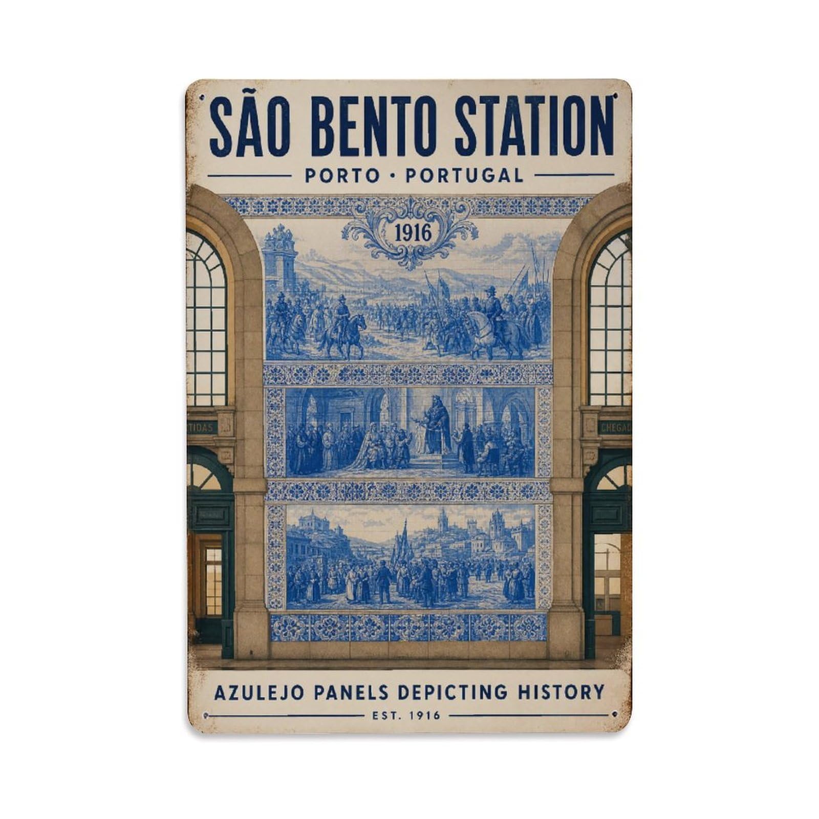 Huiyhb 8X12inch(20X30cm) Vintage Travel Sao Bento Azulejo Panels Historic Portugal Metal Tin Sign