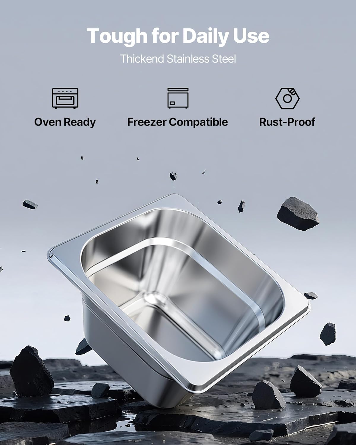 VEVOR 6 Pack Stainless Steam Hotel Pans, 1/6 Size Table Steam Pan, 4 Inch Deep, Anti Jam Restaurant Supplies Reusable Rustproof Catering Storage for Home, Party, Restaurant, Hotel, Buffet - Image 2