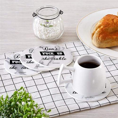 Miniatura 5 de Thipoten Posavasos divertidos, 6 posavasos de cuero con soporte, regalos perfectos para inauguración de la casa, protegen los muebles de marcas de