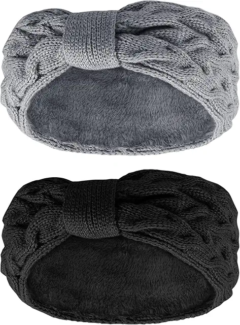 2 Stück Damen Stirnband Winter - Gefütterte Fleece Headbänder in Schwarz & Grau