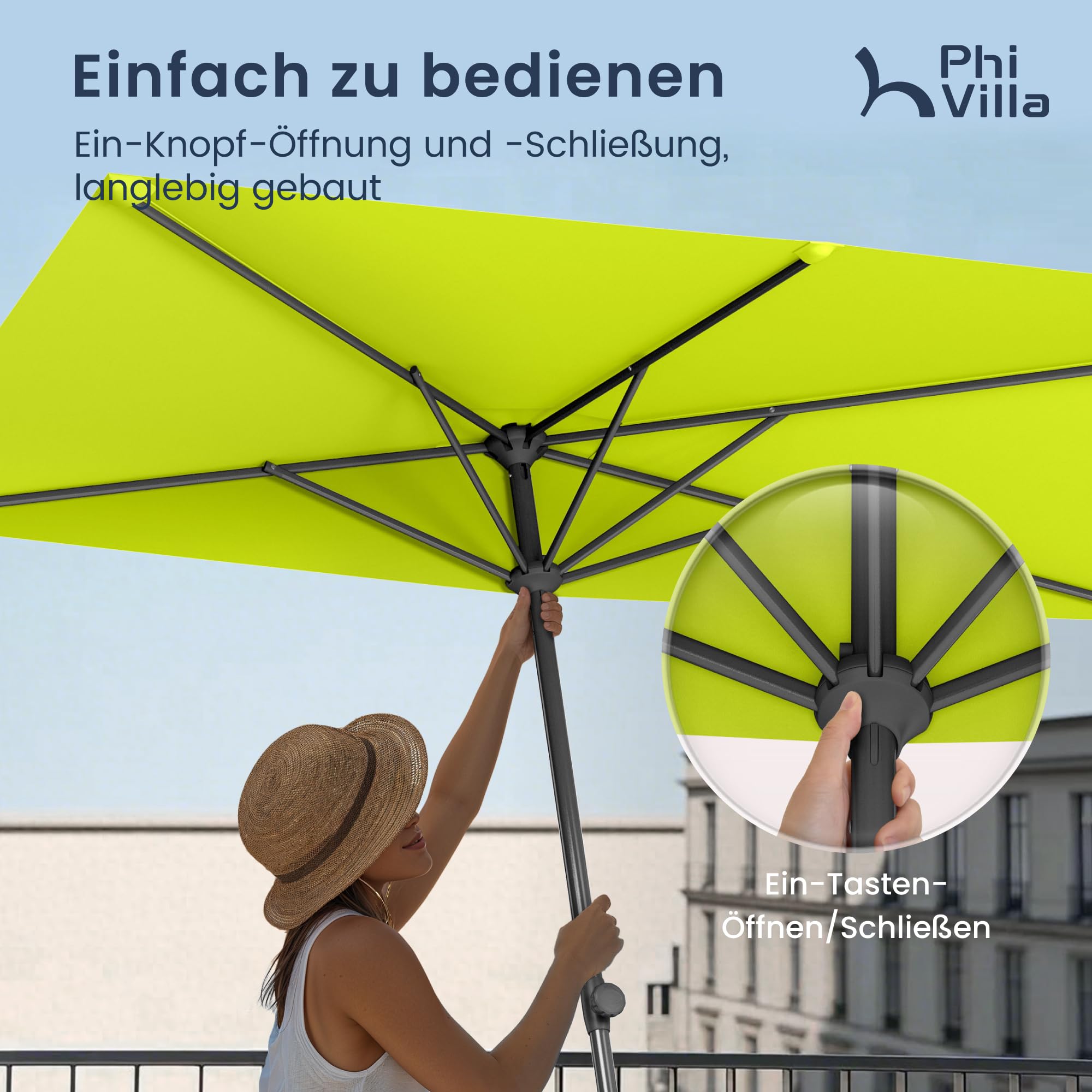 PHI VILLA 250x130cm Halber Sonnenschirm Höhenverstellbar mit Klemme, Balkonschirm Windfest Stabil zum Mitnehmen, UV50+ Schutz für Garten Terrasse Balkon Balkongeländer Tisch