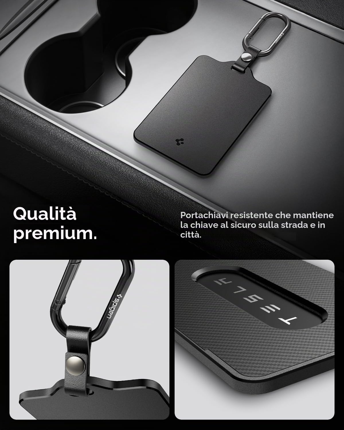Spigen Portachiavi per Key Card Tesla [2 Pezzi] Porta Tessere con Moschettone , Porta Carte, Accessori per Tutti i Modelli e Generazioni Tesla (~Model 3 Highland 2026, Model Y Juniper, S, X) - Nero
