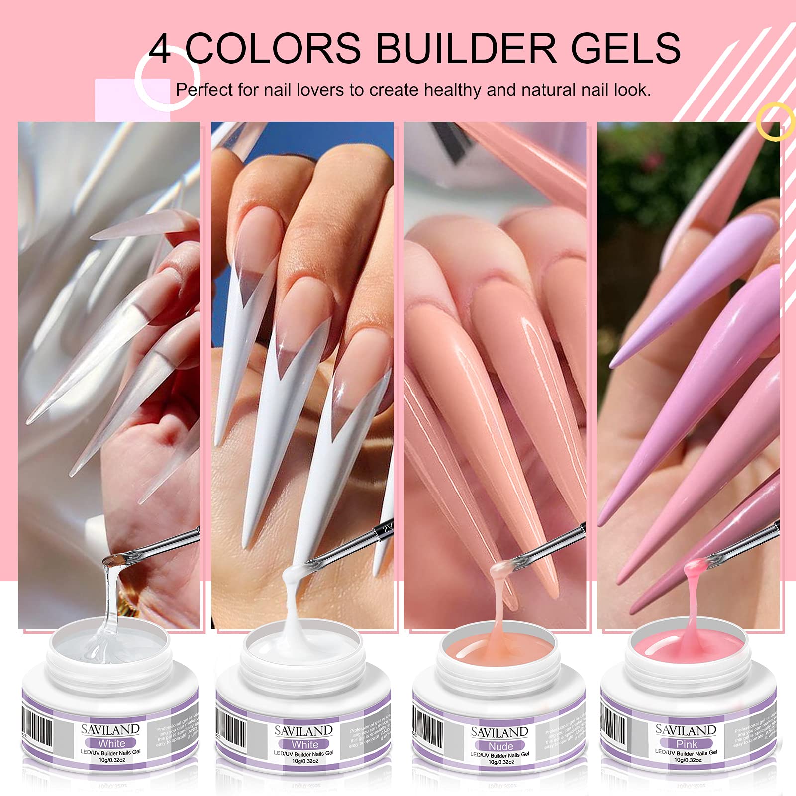 Saviland Gel Construction Ongle U V, 4 Couleurs de Base d'Extension d'Ongles Clair Blanc Nudes Rose, avec Pinceau à Ongles, 100Pcs Chalbon, Top Coat et Base Coat pour Renforce les Ongles Gel
