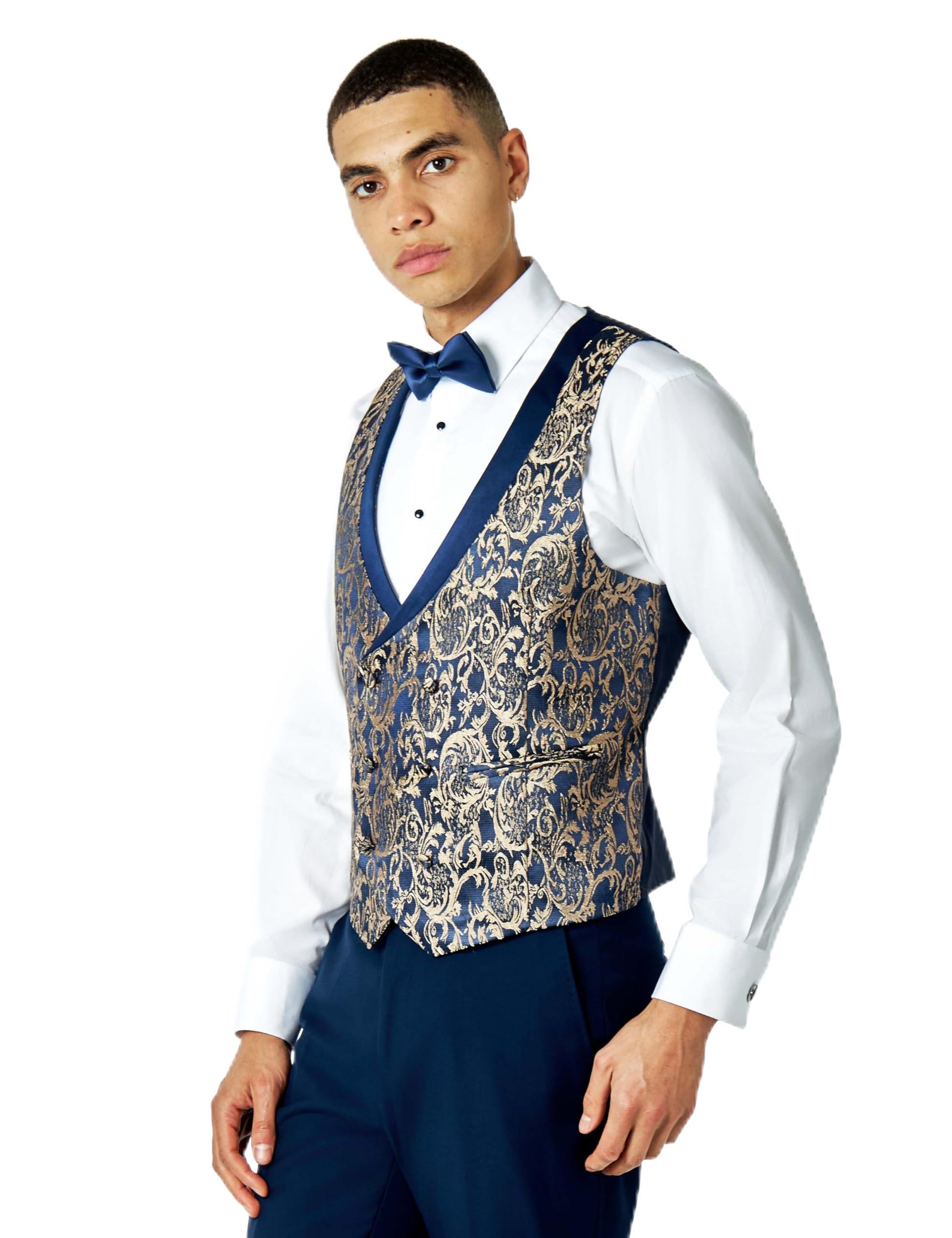 Xposed Men's Navy Blue Navy Gold Damask Print Tuxedo Waistcoat Dinner Party Vest [Wc-V8231-A2-Louis-Navy, Uk/Us 52 Eu 62]