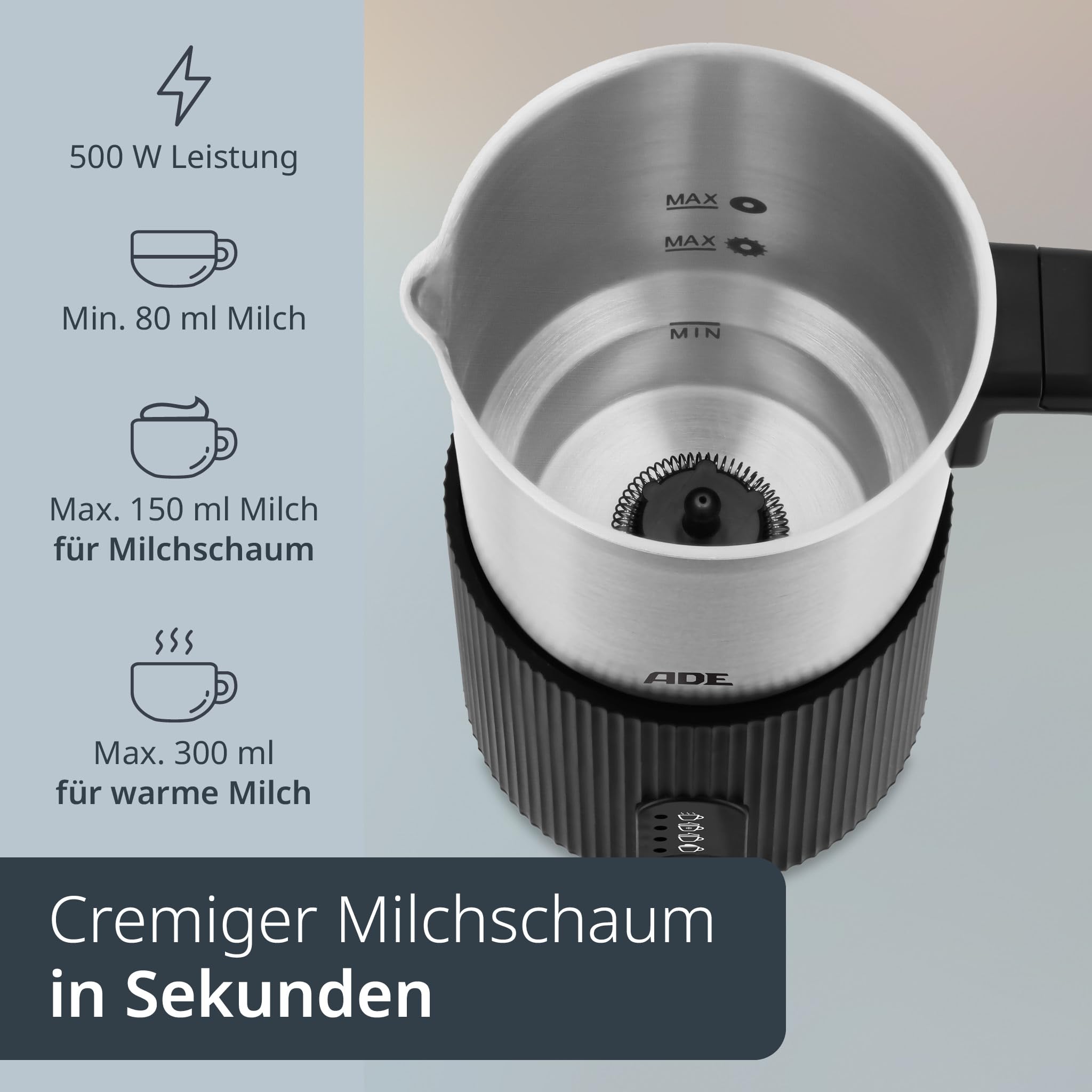 ADE Elektrischer Milchschäumer 4in1 | für heißen & kalten Milchschaum | Milchwärmer | für 1-2 Tassen | für Cappuccino, Latte Macchiato, Eiskaffee, Kakao | 300 ml | 500 W
