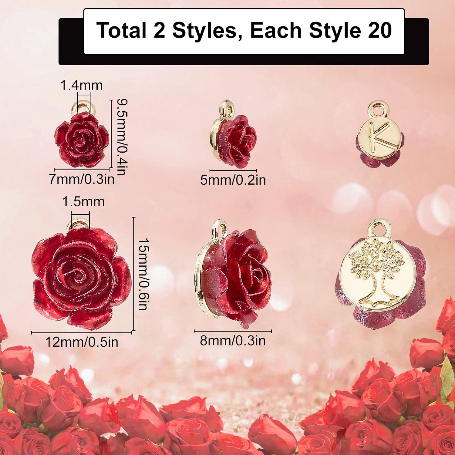 SUNNYCLUE 1 Box 40Pcs Rose Charms Bulk 3D Large & Small Red Rose Flower Resin Charms Back is Tree of Life 15mm 10mm Love Valentine's Day Charms for Jewelry Making Charms Women DIY Craft Supplies