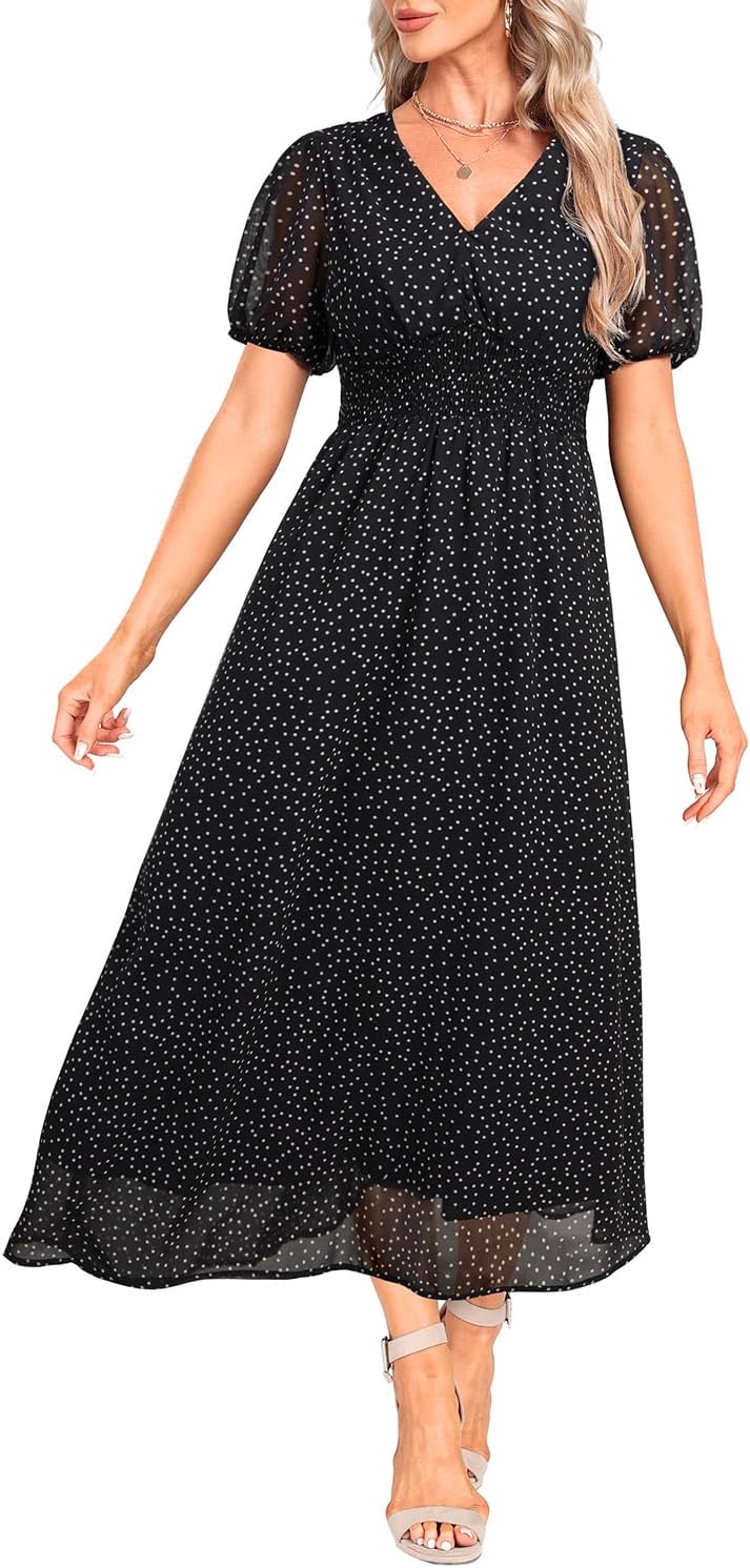 Holipick Women Summer Casual Dress Boho Floral V Neck Short Sleeves Smocked Waist Chiffon Swing Knee Length Dresses - Image 3