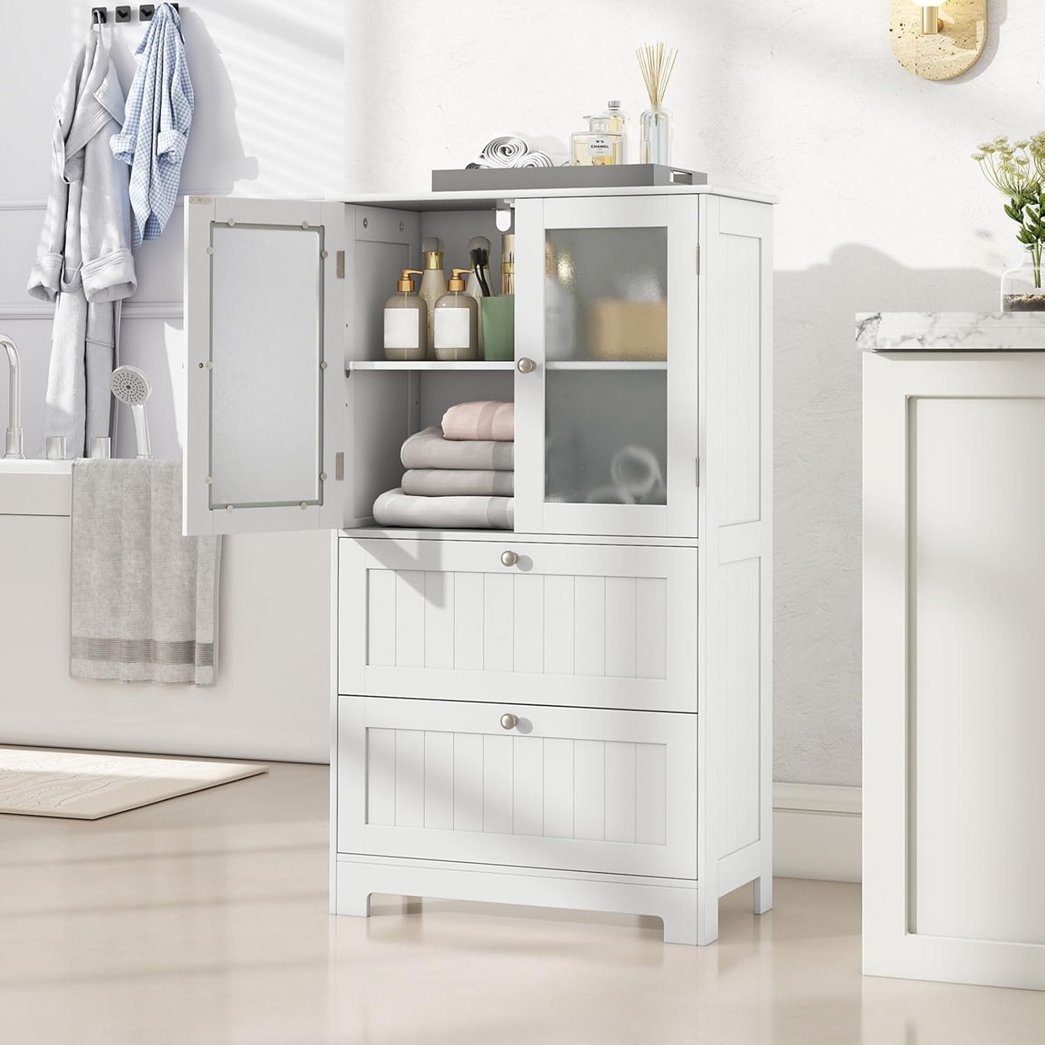 Giantex Bathroom Storage Cabinet w/2 Large Drawers, Tall Pantry Cabinet w/Adjustable Inner Shelf, Frosted Tempered Glass Doors, Freestanding Floor Cabinet for Living Room, Kitchen, Dining Room, White