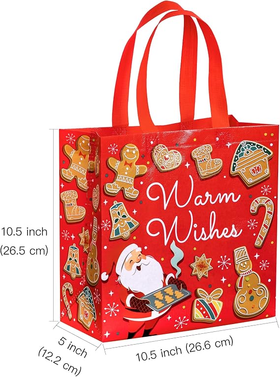 WRAPAHOLIC 12 Pack Reusable Christmas Gift Bag with Handles - Medium Size 10.5 x 5 x 10.5 inch - Xmas Pink and Green Design, Perfect for Christmas Gift Bags, Party Favor Bags