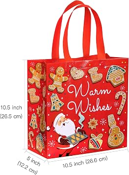 WRAPAHOLIC 12 Pack Reusable Christmas Gift Bag with Handles - Medium Size 10.5 x 5 x 10.5 inch - Xmas Pink and Green Design, Perfect for Christmas Gift Bags, Party Favor Bags