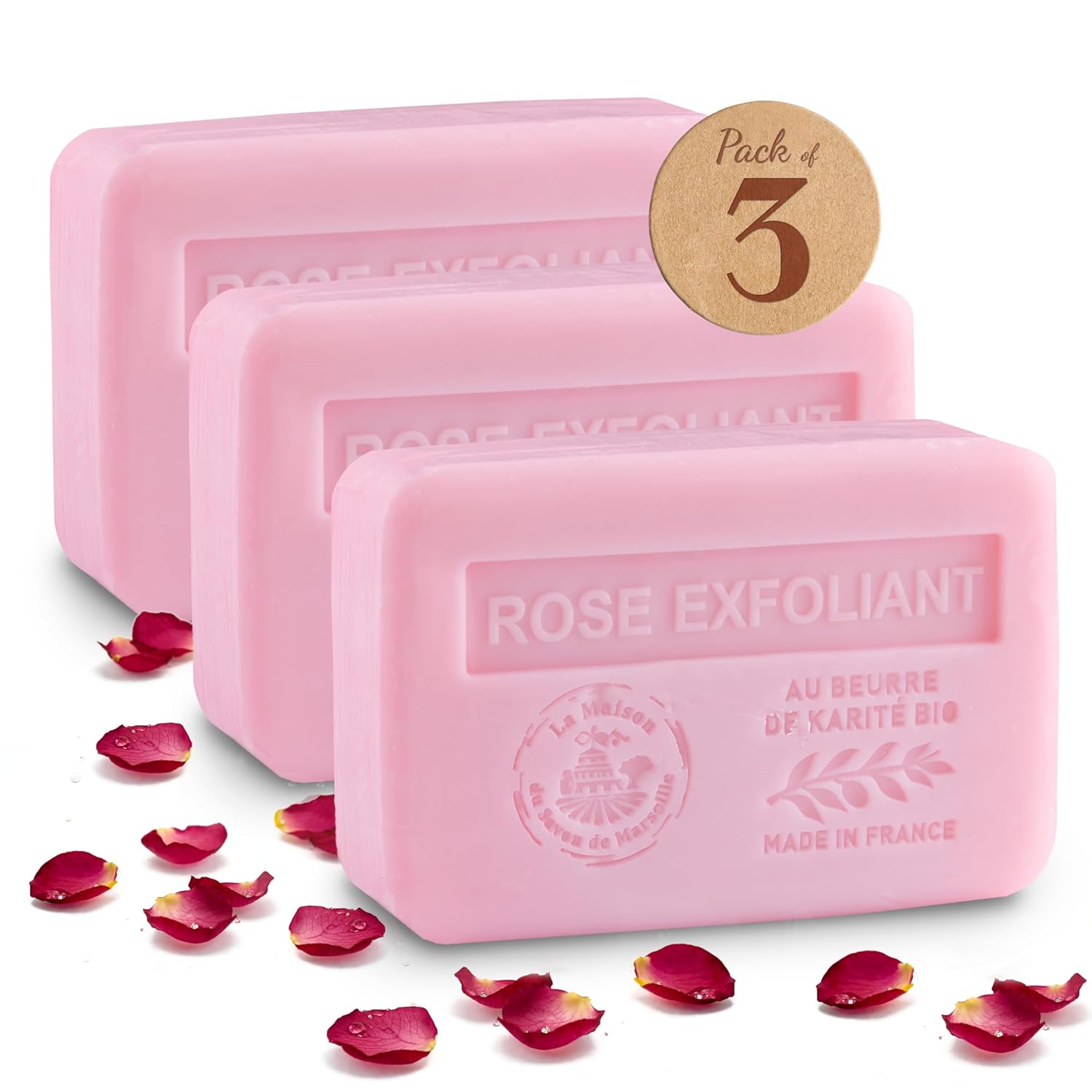 Exfoliating Rose Soap Bars 3xPack – Enriched With Organic Shea Butter - 97% Natural Ingredients - Traditional French Milled Bar Soap Made in Provence - Gentle For Skin – 3x8.8 oz - La Maison Du Savon