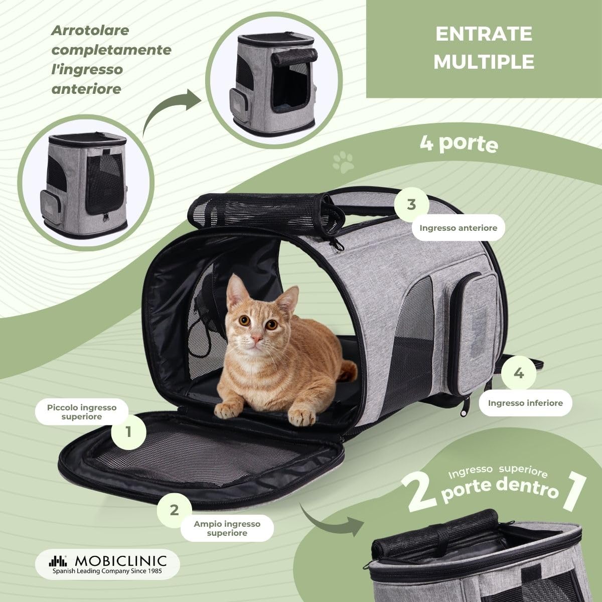 Mobiclinic® pets, Zaino per animali domestici, Thor, Pieghevole, Finestra a rete, Tasche accessori, Accesso multiplo, Doppia maniglia, 30x25x40 cm, Trasportino cani e gatti