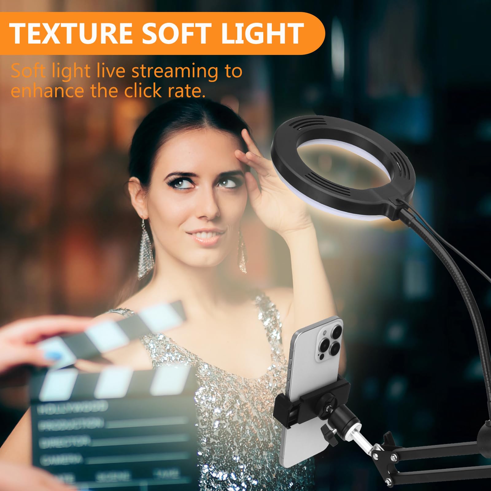 Supporto per cellulare appeso con luce anulare, supporto flessibile per fotocamera da tavolo con luce anulare per registrazione video, live streaming, pittura, make-up e infeltrimento ad ago
