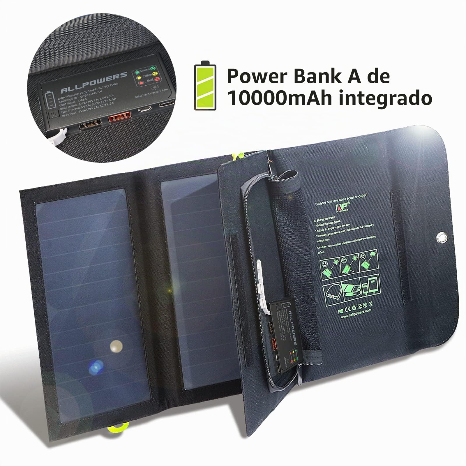 ALLPOWERS Panel Solar de 5 V, 21 W, Cargador Solar portátil, 3 Salidas USB y 2 entradas USB, Panel Solar Impermeable y Plegable, batería Externa para Smartphone, Tablet, Exterior, Camping