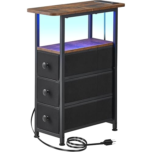 Narrow End Table with Charging Station, Narrow Side Table with Drawer, Small Nightstand with LED Light, Skinny Nightstand, Small Bedside Table for Living Room, Bedroom, Couch, Rustic Brown