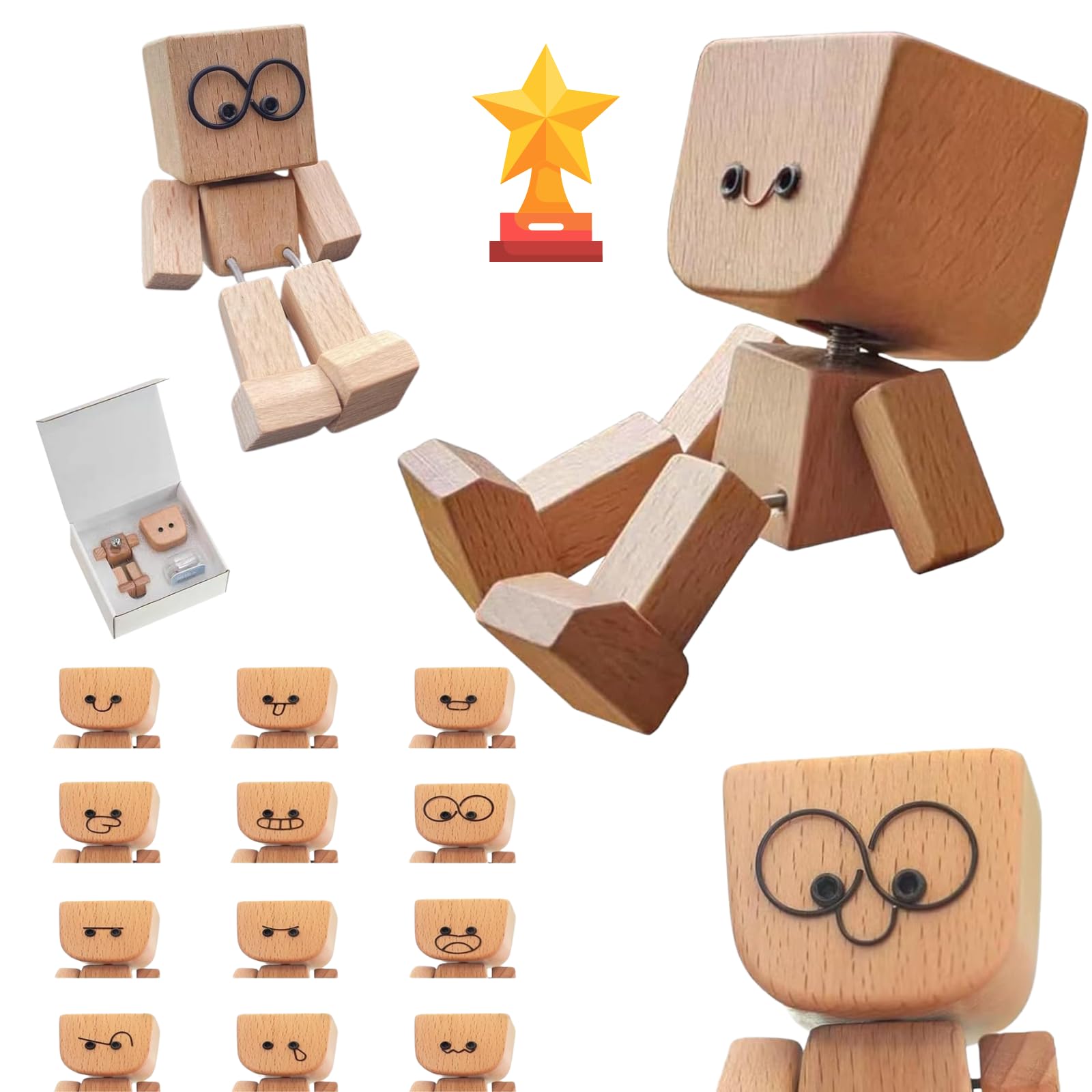 Shaking Wooden Man Figurine, Charming Little Wooden Figure That Sways, Handmade Shaking Feet Woodens Man with 12PCS Magnetic Expressions, Funny Wood Desktop, Car Dashboard Decor Gifts