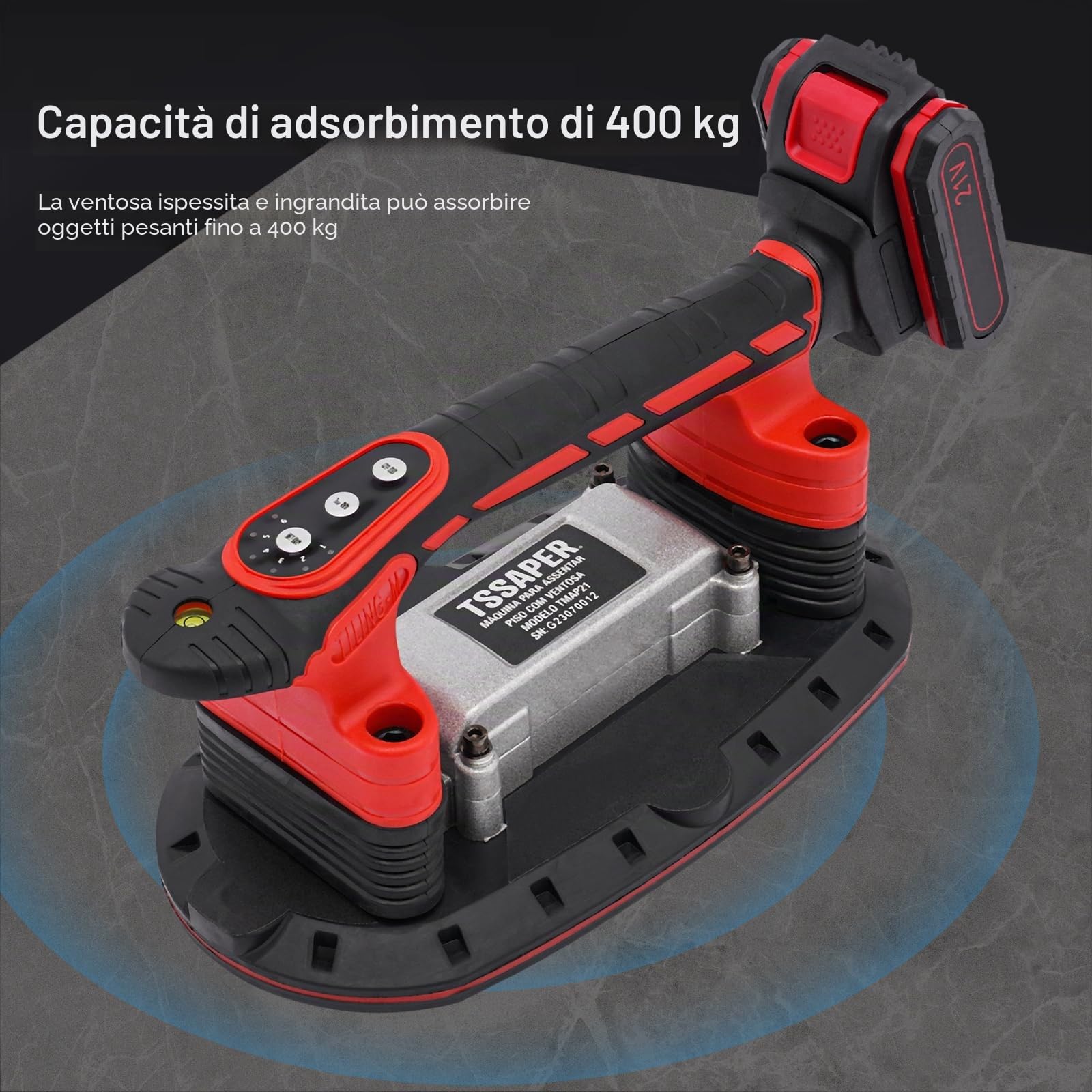 Ventosa elettrica a vuoto, strumento di vibrazione per piastrelle, 21 V, 2000 mAh, strumenti vibranti per piastrelle manuali, 6 velocità regolabile installazione piastrelle (due batterie)