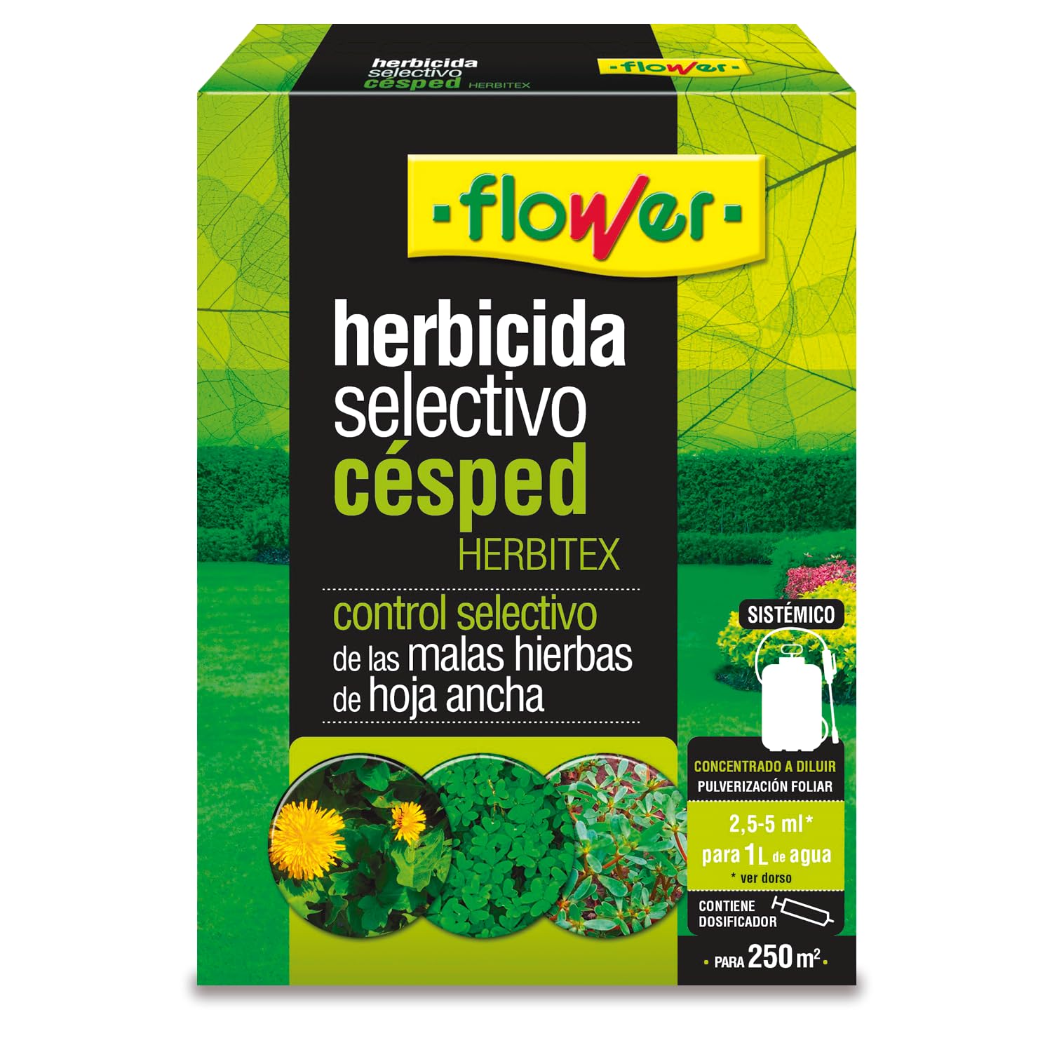 Flower - Herbicida Selectivo Césped Herbitex 25 ml | Elimina Malas Hierbas de Hoja Ancha | Herbicida Concentrado | Efectivo Post Crecimiento | Con Dosificador