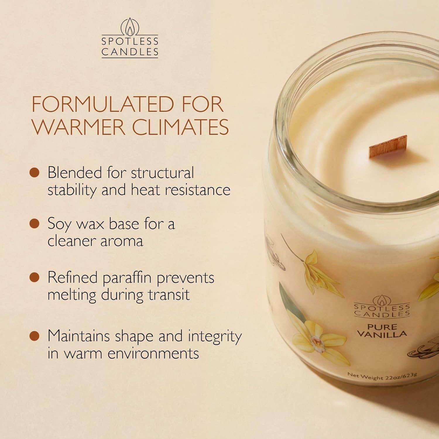 Pure Vanilla Scented Candle 22oz – 80-85 Hour Burn Time, Wooden Wick, Large Glass Jar with Lid, Warm Cozy Fragrance for Home Relaxation & Gift by Spotless Leopard