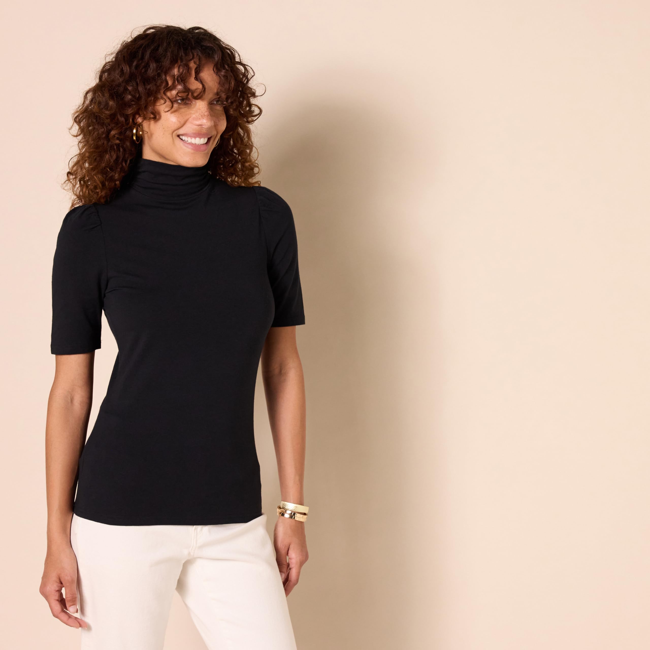 Amazon Essentials Women's Cotton Modal Draped Puff Sleeve Turtleneck