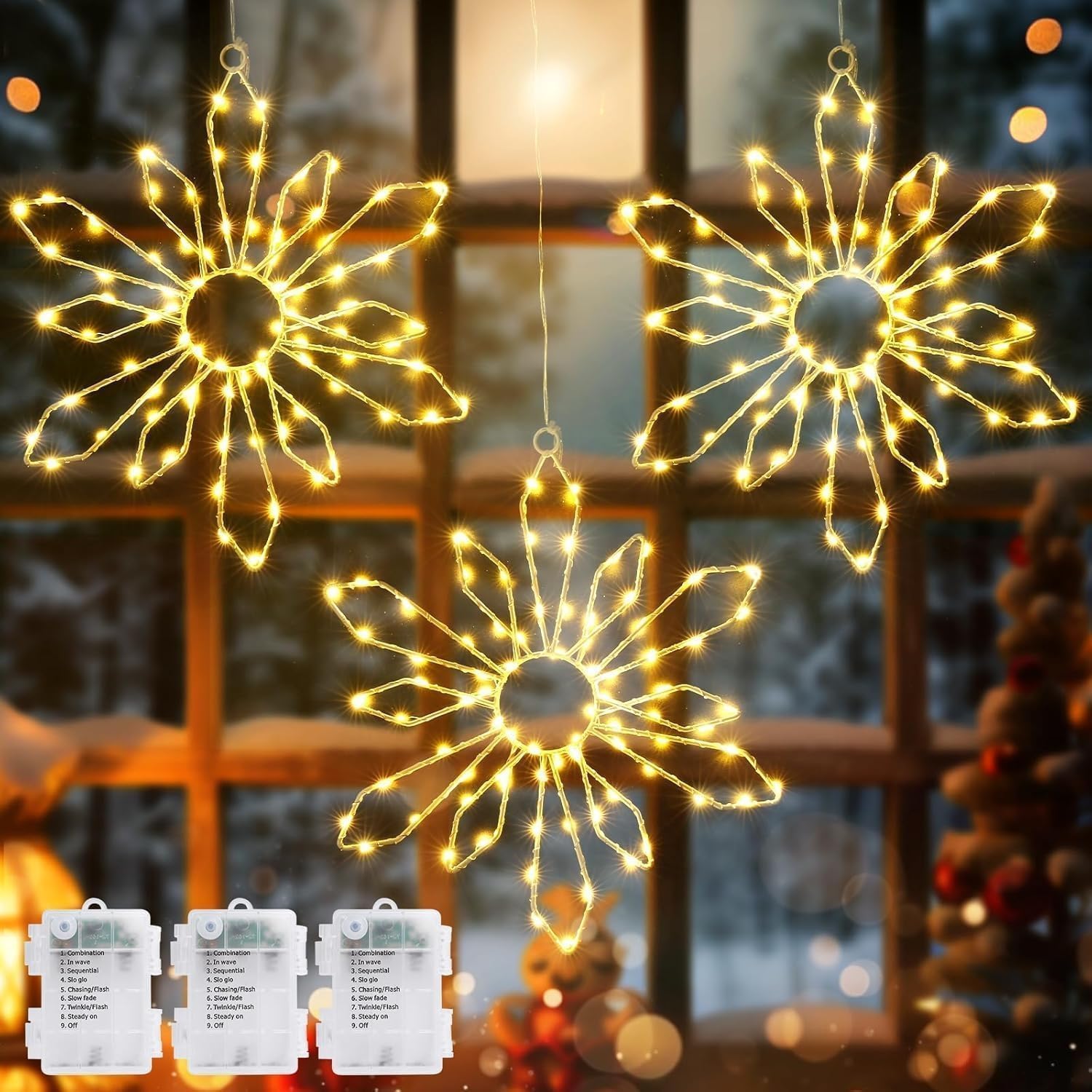 GlobaLink Schneeflocken-Fensterdeko 3 Stück 80LED warmweiß mit Timer | Batteriebetrieben, für Weihnachten, Schlafzimmer und Fenster
