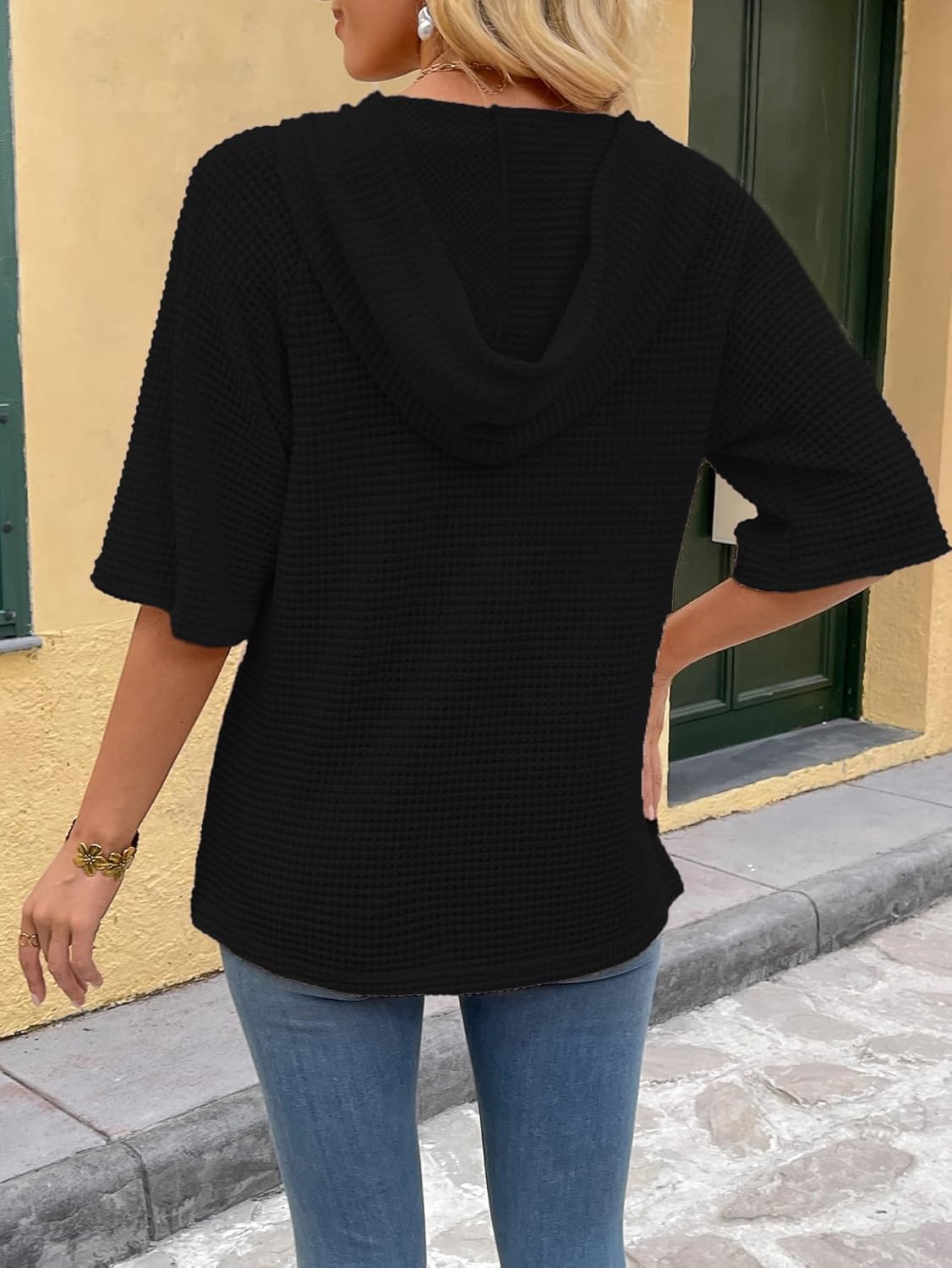 Women's Short Sleeve Tops Waffle Knit Hoodies Drawstring Button V Neck Casual Blouses Shirts Spring Summer Outfits - Image 2