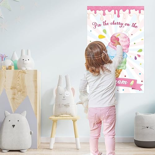 Miniatura 8 de Hooqict Pin The Cherry On The Ice Cream Game Juegos de fiesta de cumpleaños para niños, decoración de fiesta temática de helado, suministros para