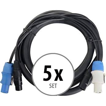 Pronomic Stage PPD-2.5 Hybrid Cable Powerplug/DMX 5x Set - Combination Cable for Power Supply and DMX Signal - No more tangled cables when connecting to light effects - Length 2.5 m - Black