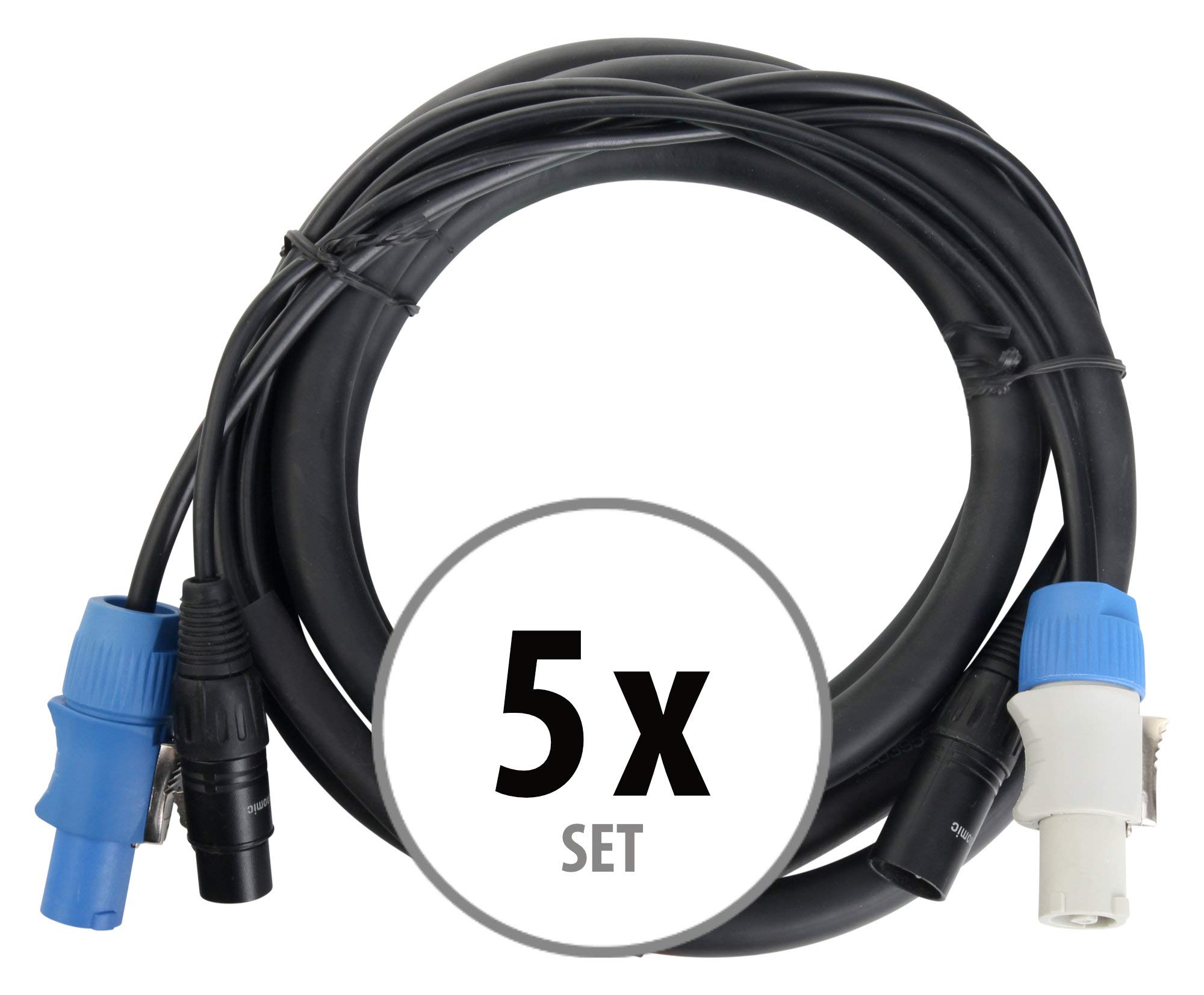 Pronomic Stage PPD-2.5 Hybridkabel Powerplug/DMX 5x Set - Kombi-Kabel für Stromversorgung und DMX-Signal - Kein Kabelsalat mehr bei der Verbindung zu Lichteffekten - Länge: 2,5 m - Schwarz