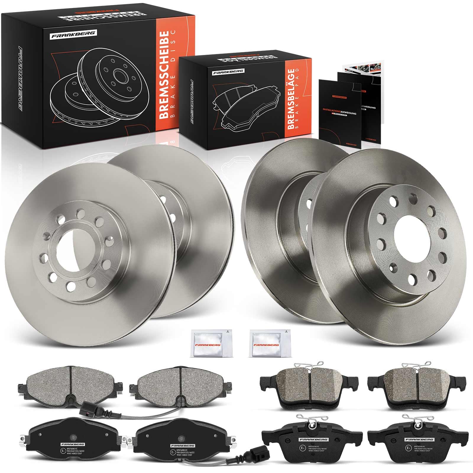 Frankberg set freni incl. 4 dischi freno + 8 pastiglie freno Anteriore | JZW615301J, 5Q0698451C; Compatibile con: Golf Alltrack BA5 BV5, A3 Limousine 8VM 8VS, A3 8V1 8VK, Leon SC 5F5