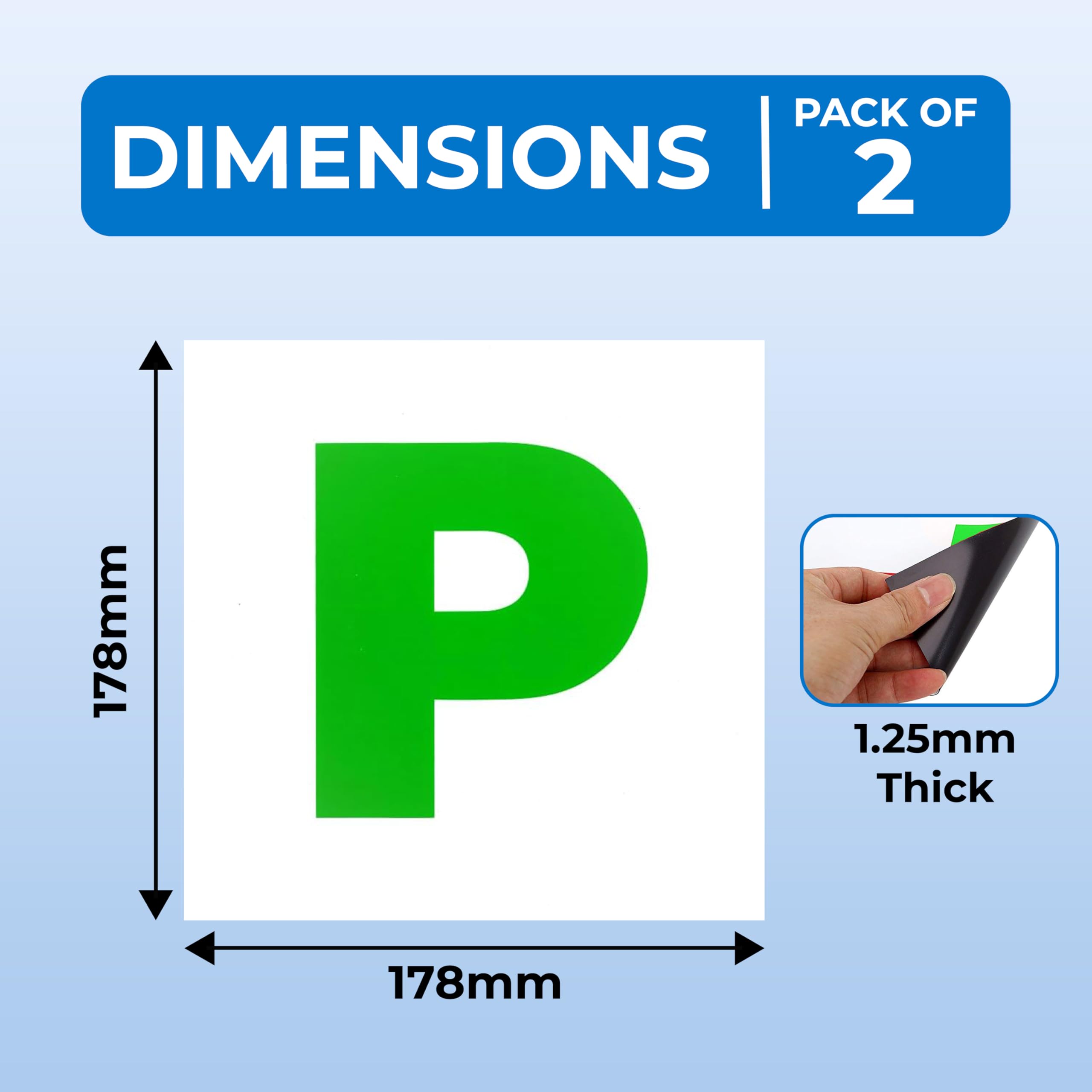Double Dragon 2-Pack Fully Magnetic Green P Plates for New Drivers | DVLA Legal 178x178mm UK Road Signs | Extra-Strong 1.25mm Rubber Magnet, Glossy PVC Finish | Durable, Scratch-Free, Wind Resistant — view 2
