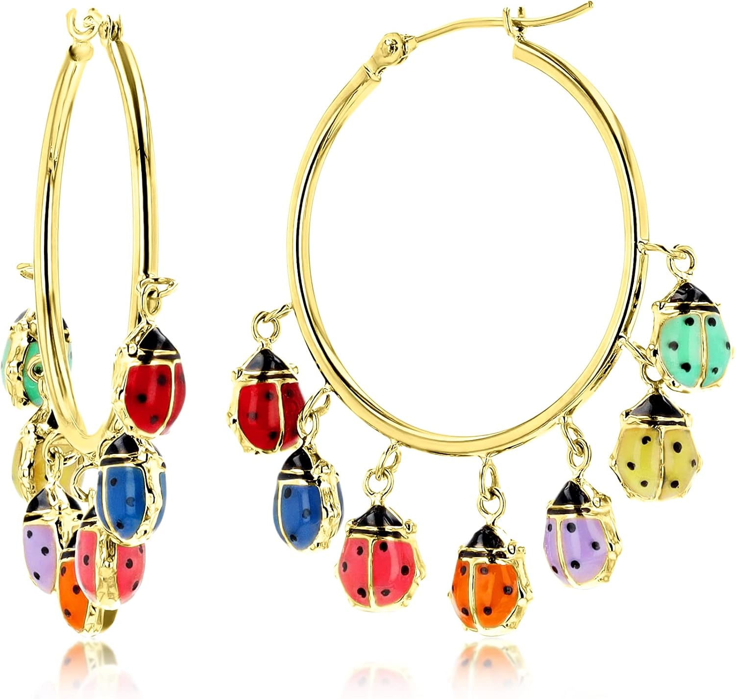 14K Yellow Gold Multi Color Enamel Lady Bug Hoop Earrings For Women