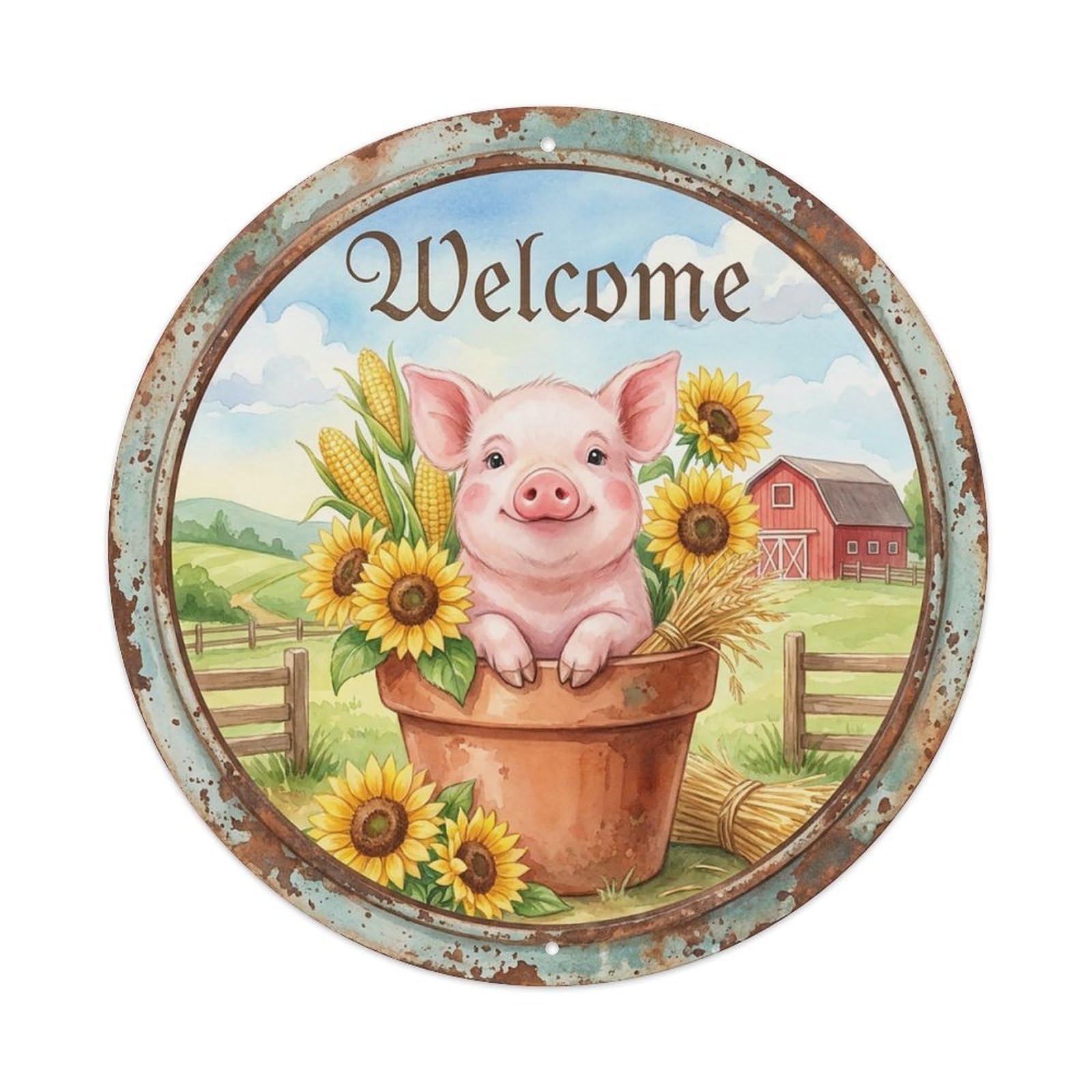 Vintage Welcome Piglet Sunflowers Vintage Metal Tin Sign Plaque Wall Decor for Cafe, Club Bar, Office, Garden Metal Poster 8x8Inch