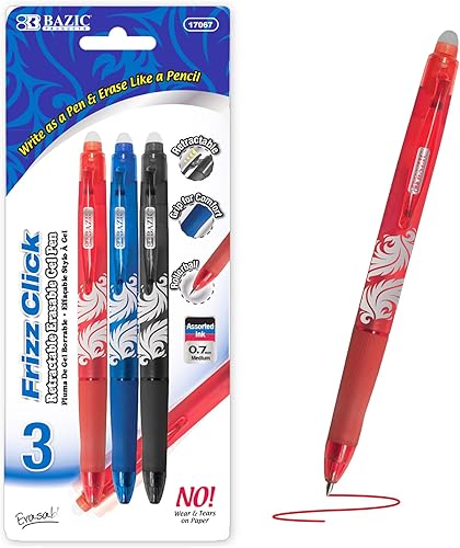 BAZIC - Bolígrafo de gel borrable de 0.028in, retráctil, punta fina, tinta de punta fina, para regalo, oficina, escuela (paquete de 3, 144 unidades)