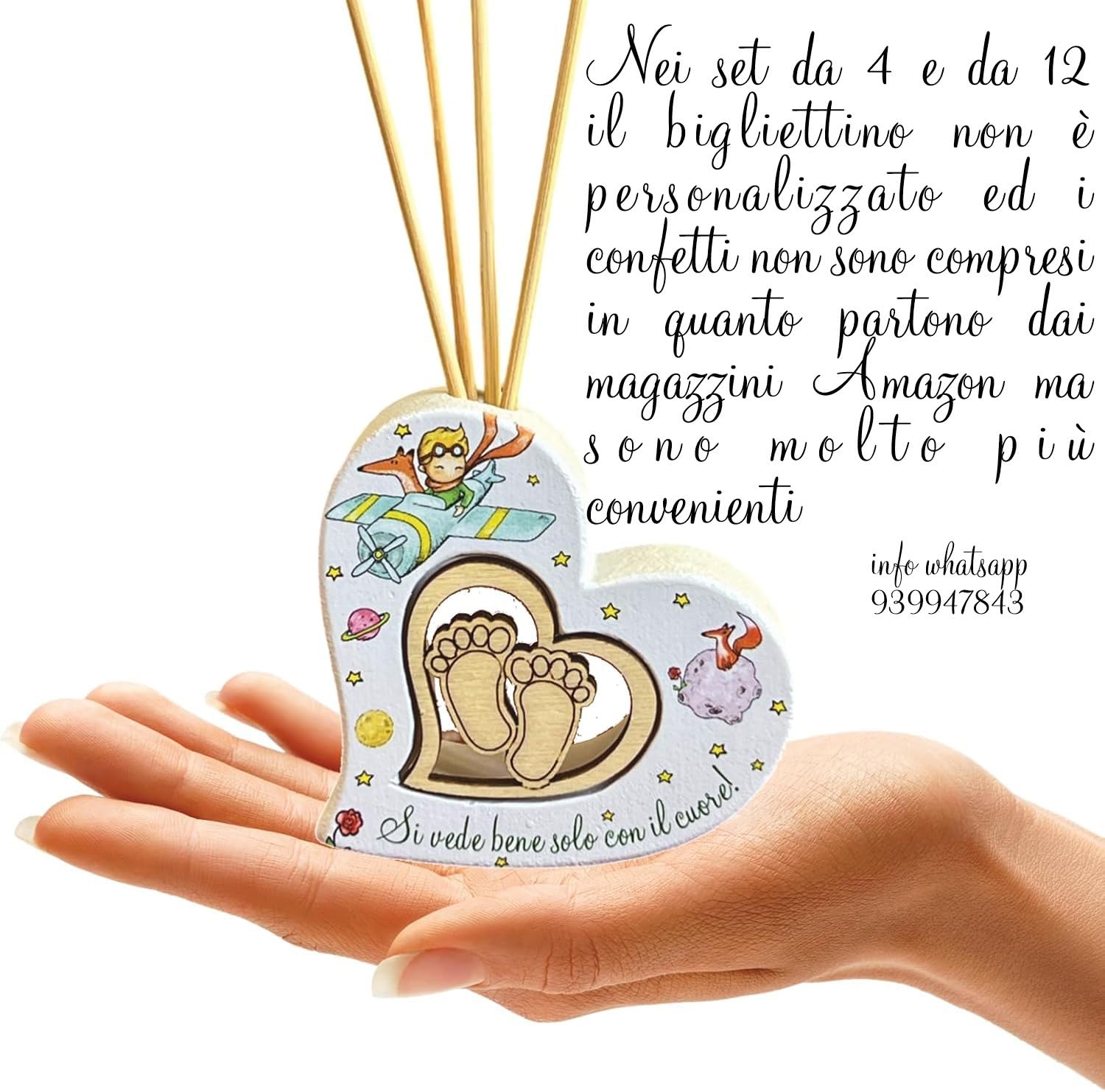 Rebalami.Shop Set 4 Bomboniere diffusore Piccolo Principe cm 8x8 a Forma di Cuore in Marmoresina Completo di Scatola, Essenza, Nastro e bigliettino a Tema (4, Cuore)