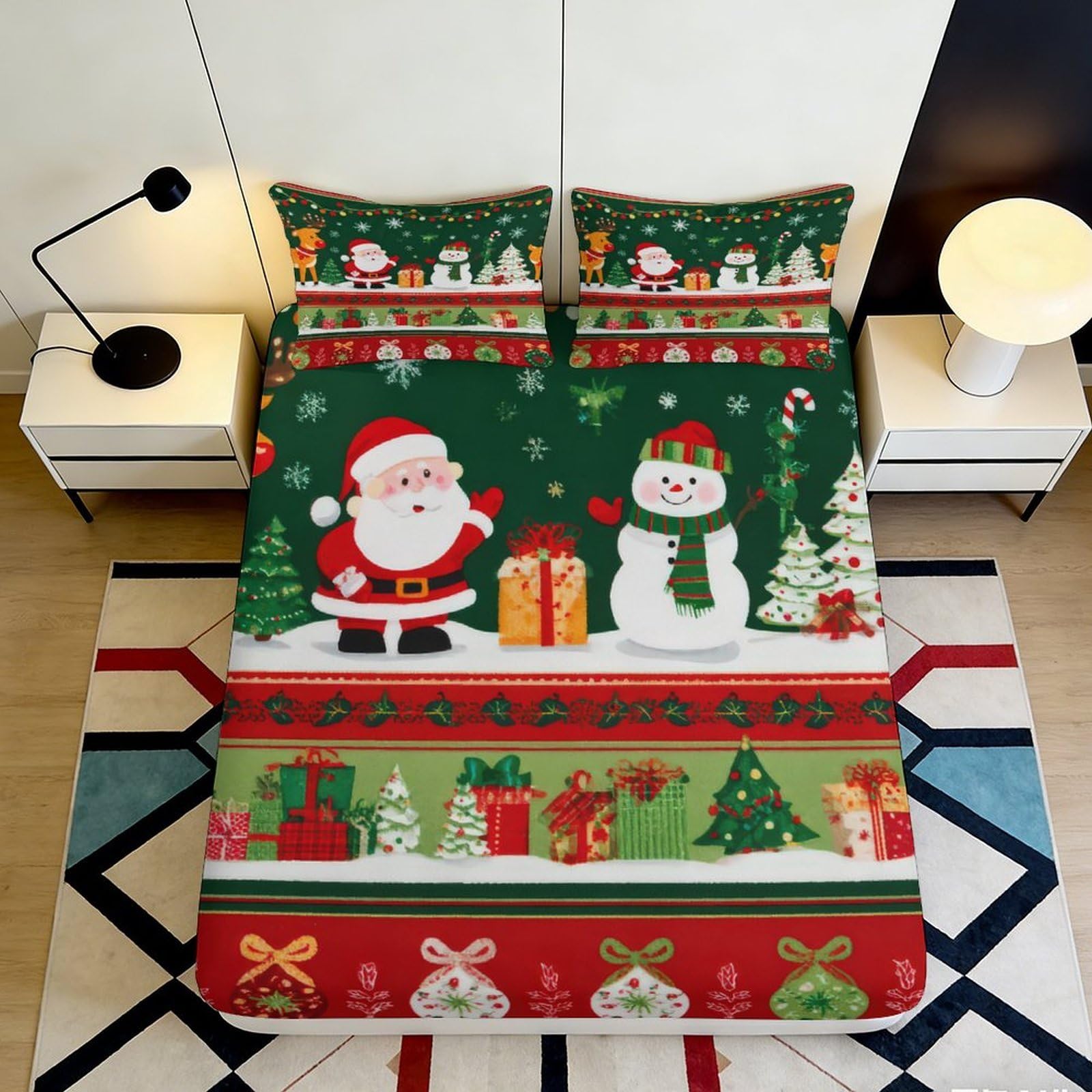 3D Printed Christmas Santa Snowman Fitted Sheet Microfiber Soft Breathable Bed Cover for Bedroom Guest Room Decor 90x200x25cm