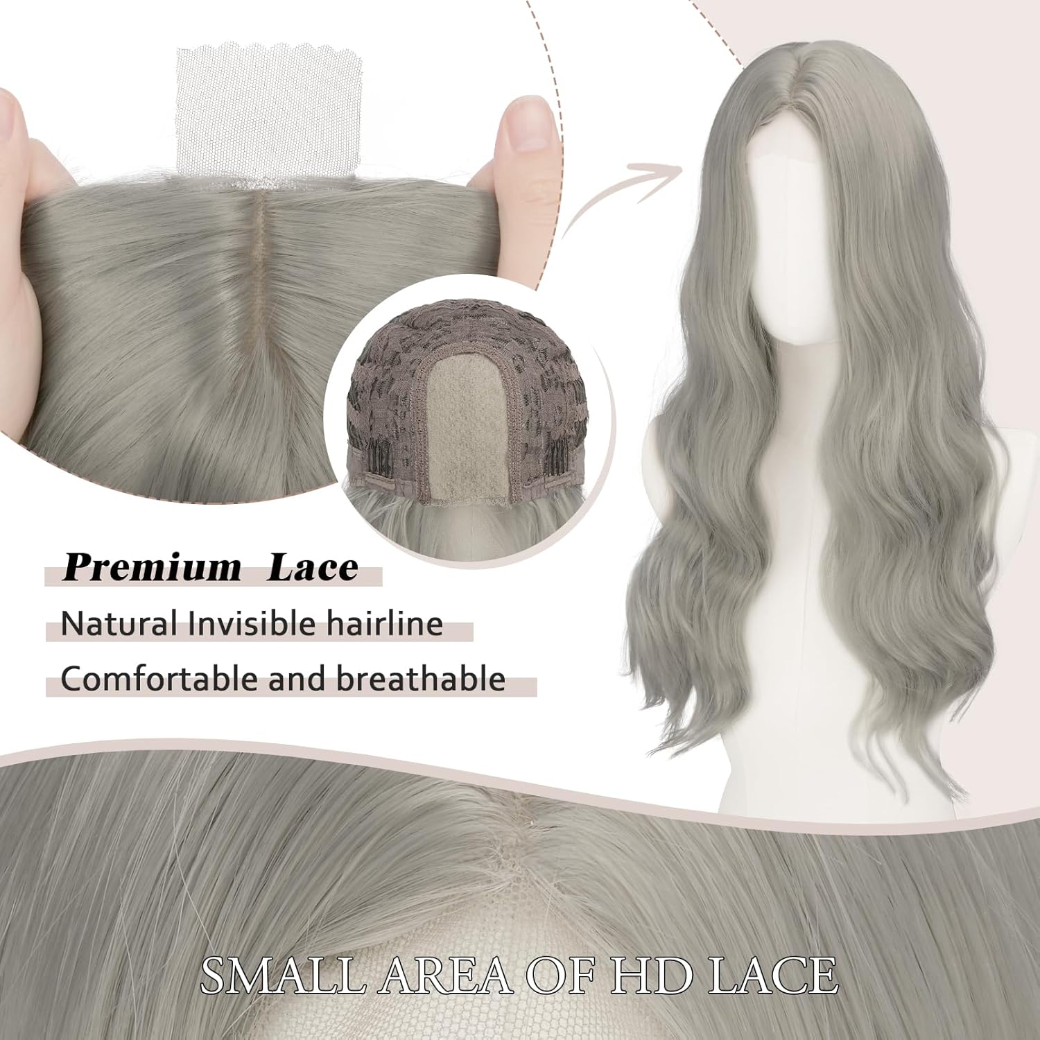 FESHFEN Long Grey Wigs for Women, 24 inch Lace Front Hairline Middle Parting Synthetic Wavy Wig for Daily Party
