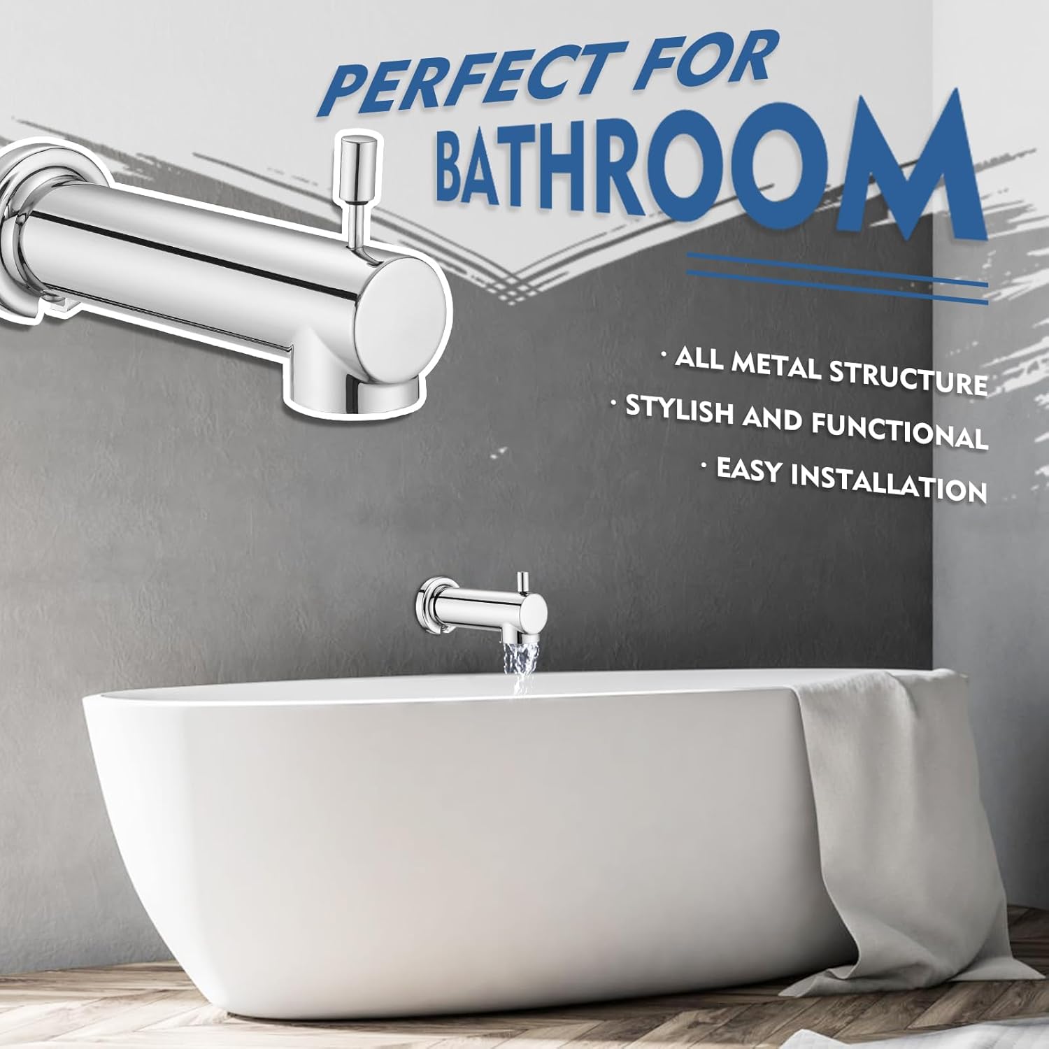 slip on extra long tub spout with diverter universal tub diverter spout for 1/2" copper water pipe, chrome