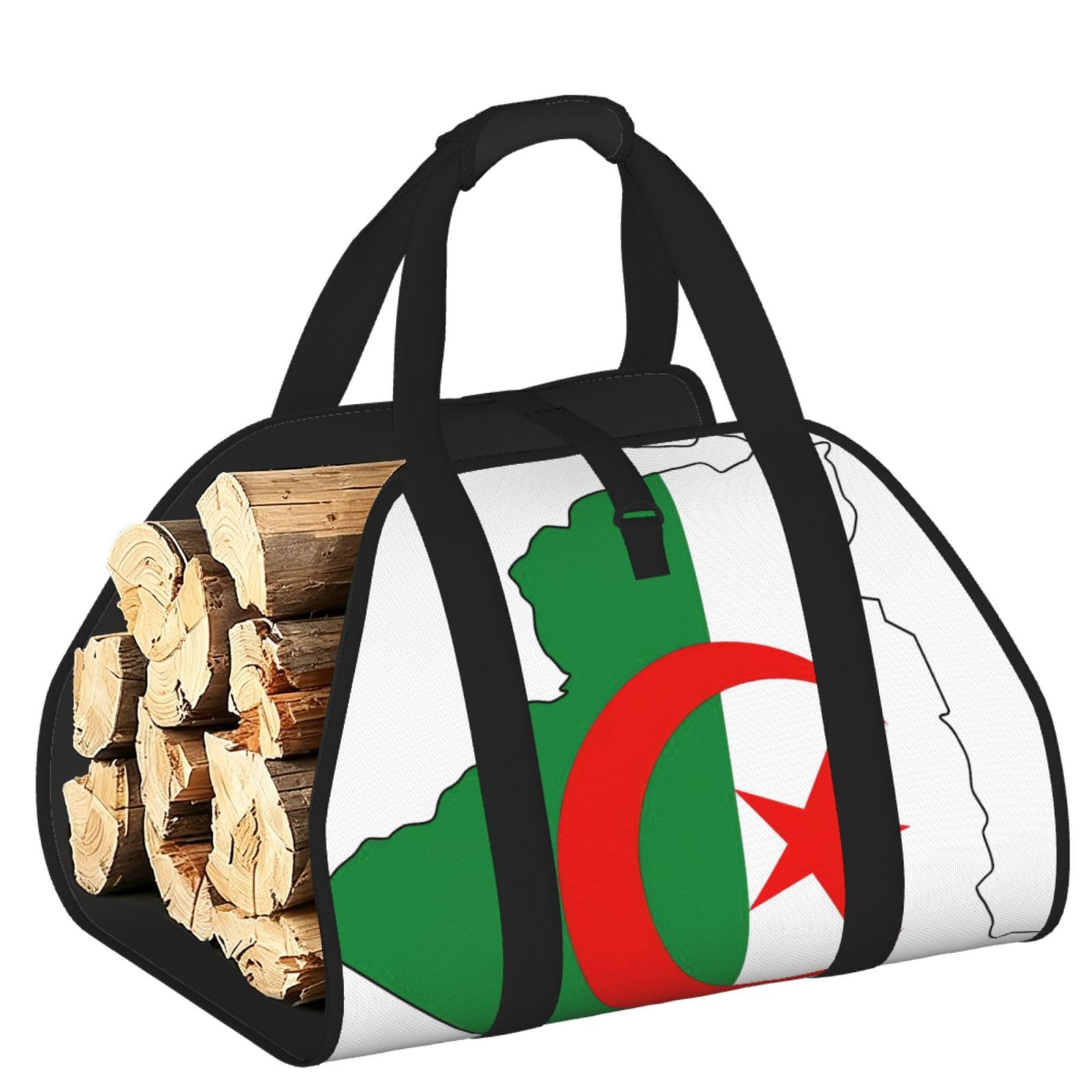 Algeria Flag Map Printed Firewood Log Carrier, Large Tote Bag with Reinforced Handles for Camping Fireplace Home