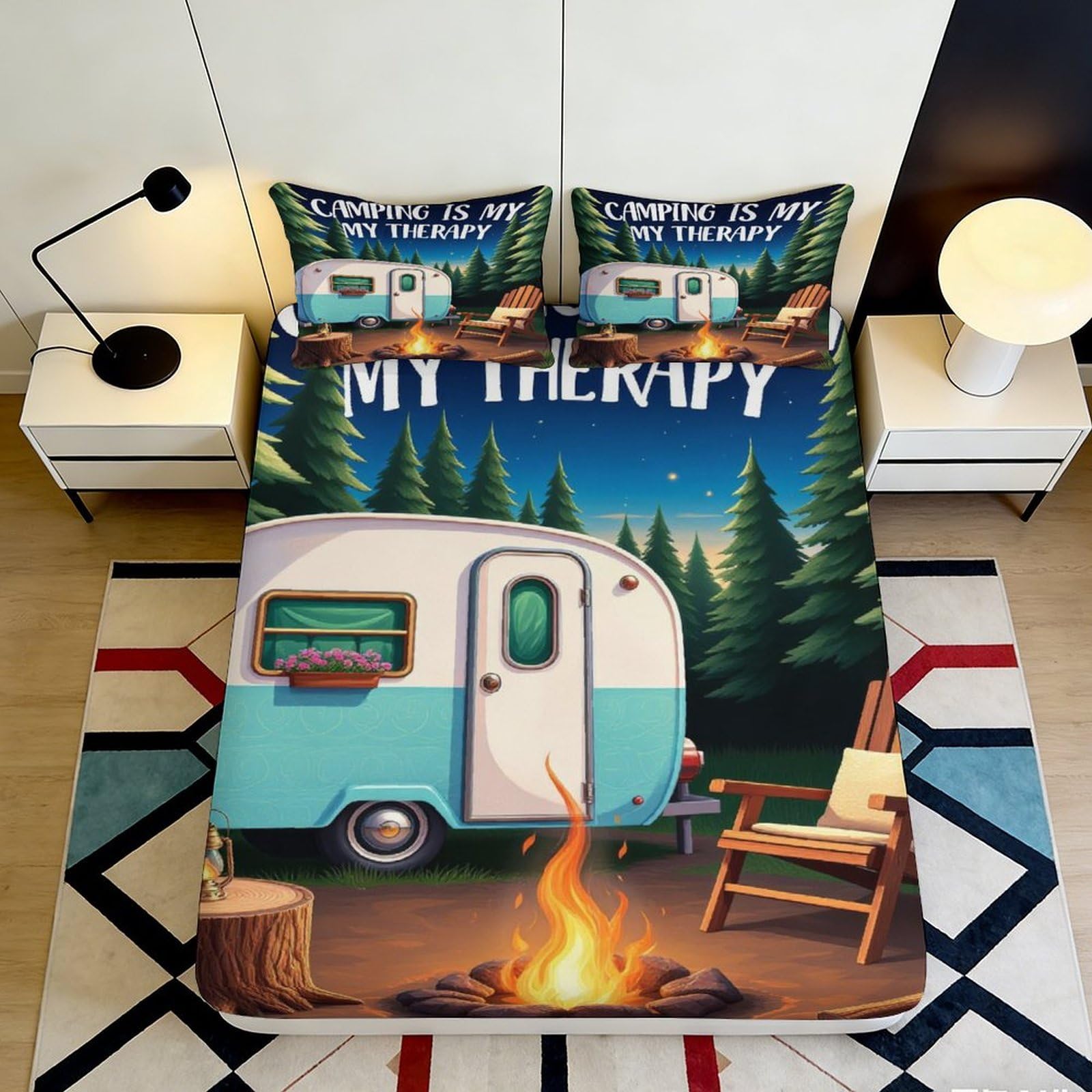 3D Printed Camping Forest Fitted Sheet Microfiber Fire Pit Caravan Bed Cover for Bedroom Guest Room Mattress Protection Decor 160x200x25cm