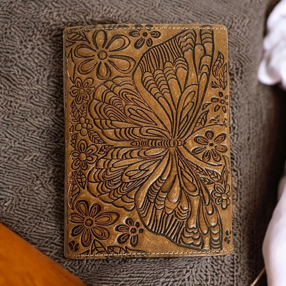 Vintage Leather Journal Butterfly Flower Embossed Handbook Diary, Handmade Travel Planner, Deckle Paper Grimoire Organizer Sketchbook Office Notebook, Leather Book of Shadows for Women 5 x 7 inch