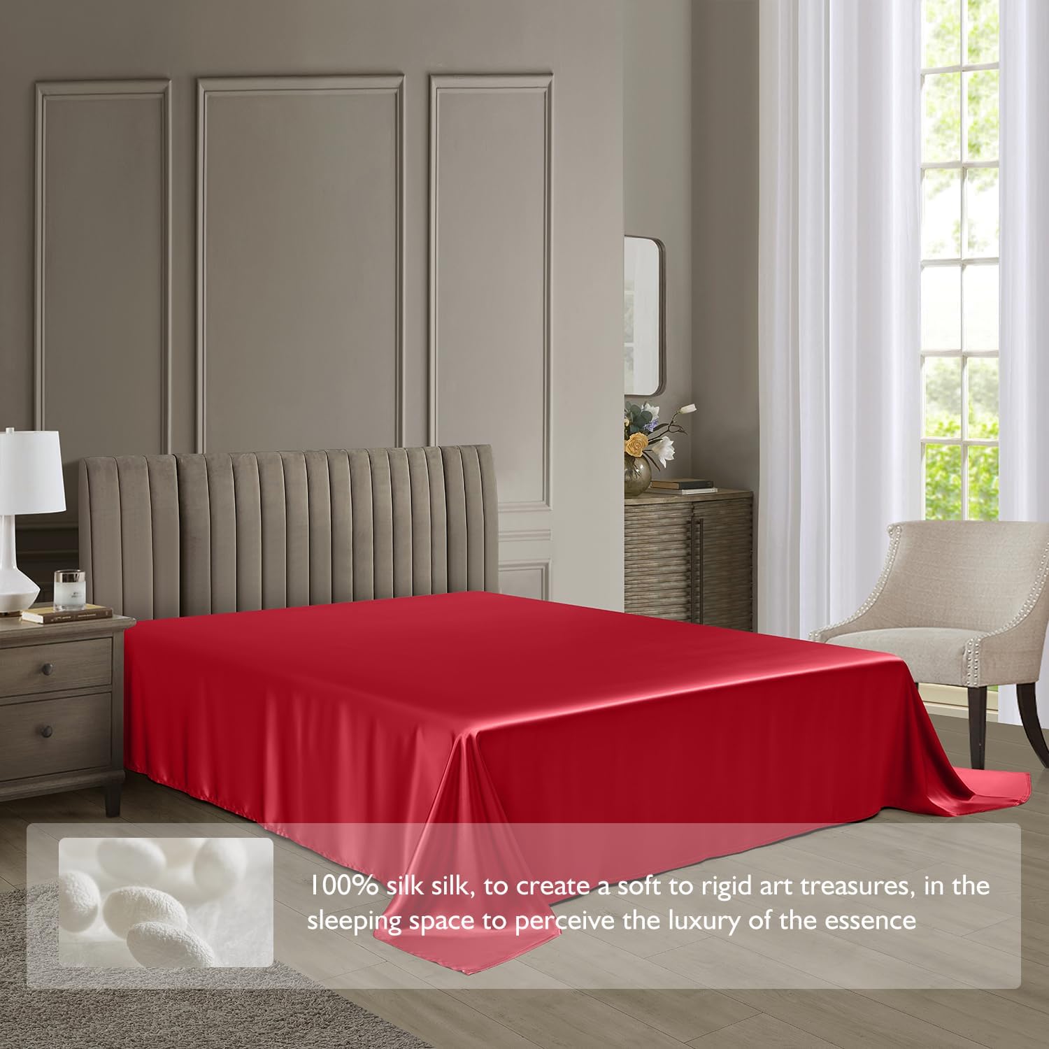 DISANGNI 100% Mulberry Silk Flat Sheet - 22 Momme, Natural 6A Grade, Luxurious and Smooth, Hypoallergenic, Breathable, Skin-Friendly (Red, Twin)